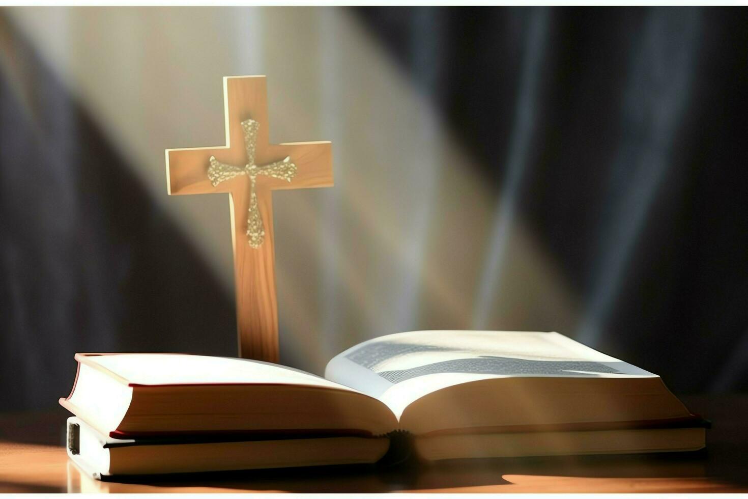 Close up of a holy bible and christian cross on wooden table. Happy good friday or religion concept by AI Generated photo