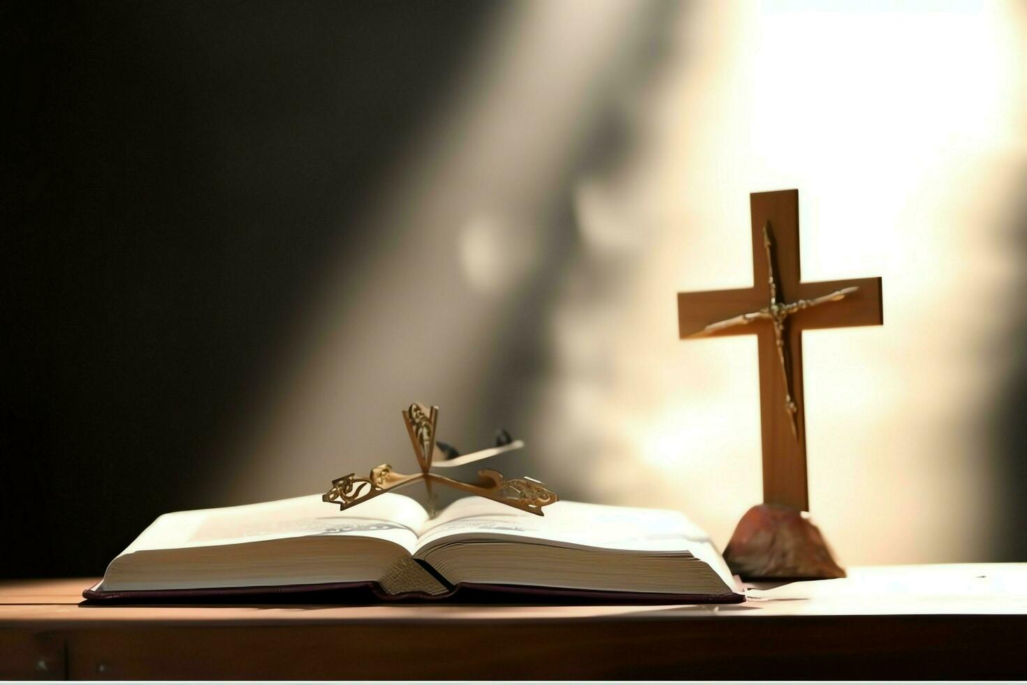 Close up of a holy bible and christian cross on wooden table. Happy good friday or religion concept by AI Generated photo