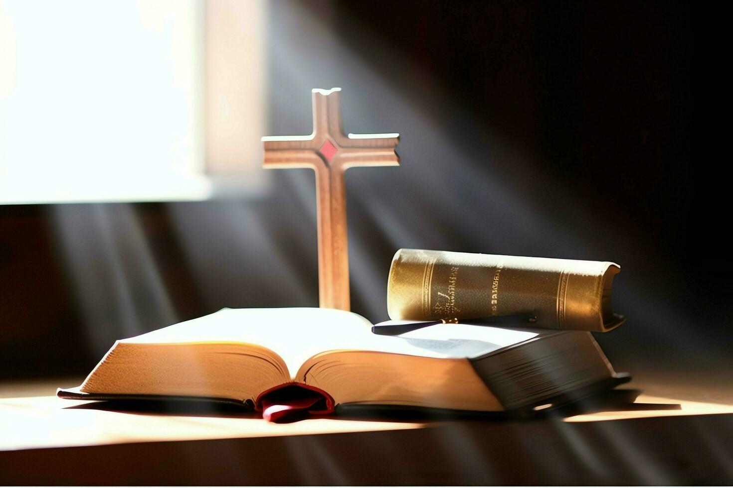 Close up of a holy bible and christian cross on wooden table. Happy good friday or religion concept by AI Generated photo