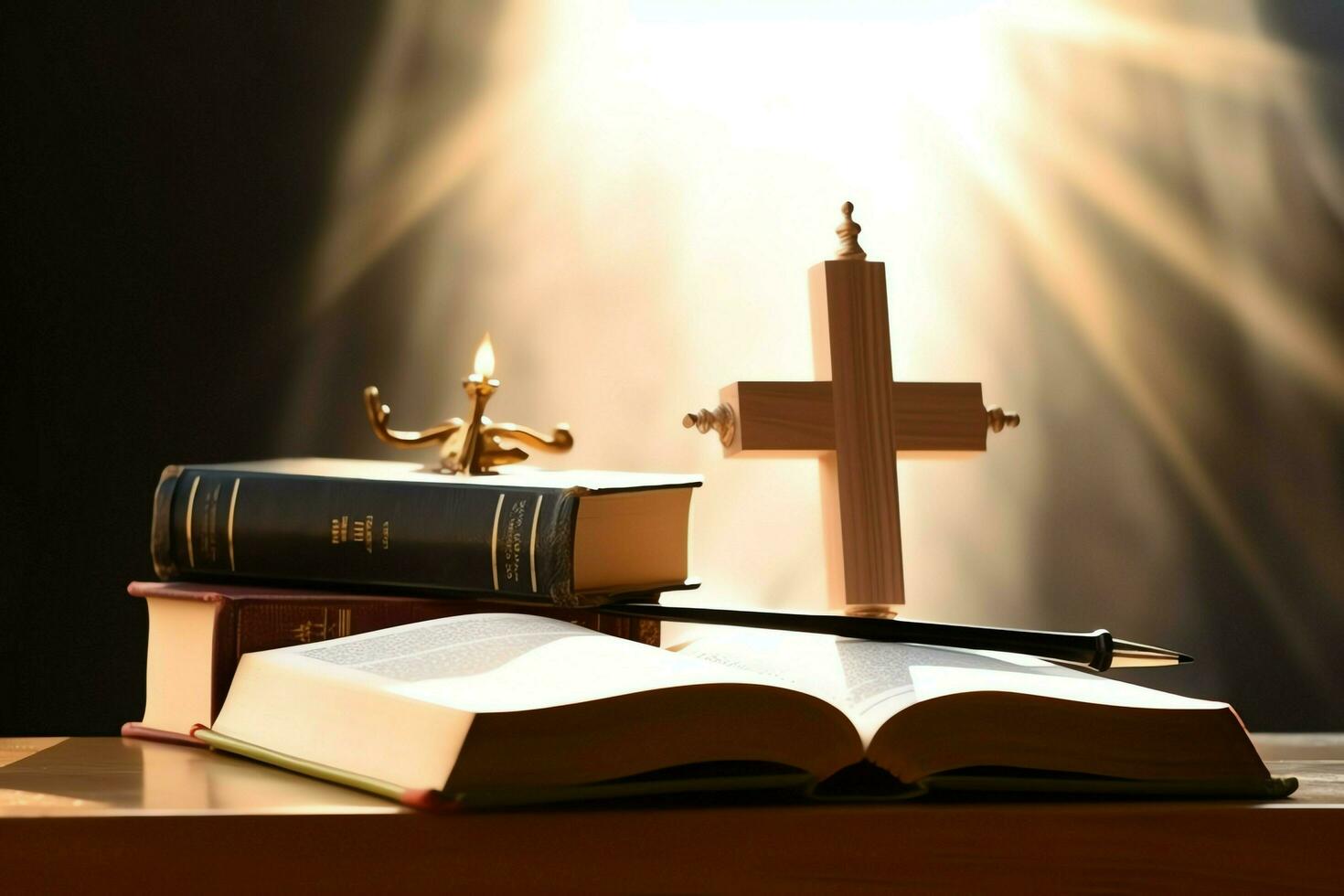 Close up of a holy bible and christian cross on wooden table. Happy good friday or religion concept by AI Generated photo