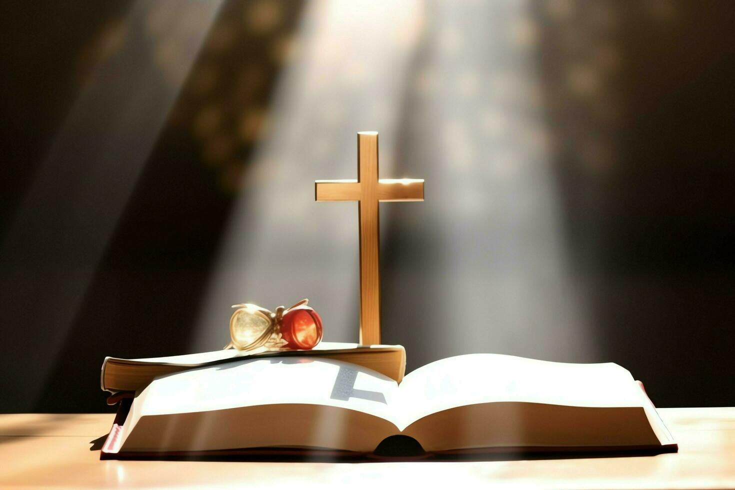 Close up of a holy bible and christian cross on wooden table. Happy good friday or religion concept by AI Generated photo