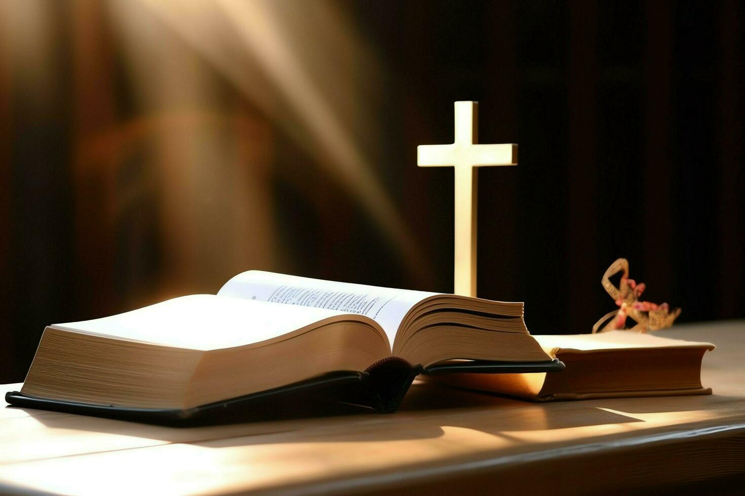 Close up of a holy bible and christian cross on wooden table. Happy good friday or religion concept by AI Generated photo