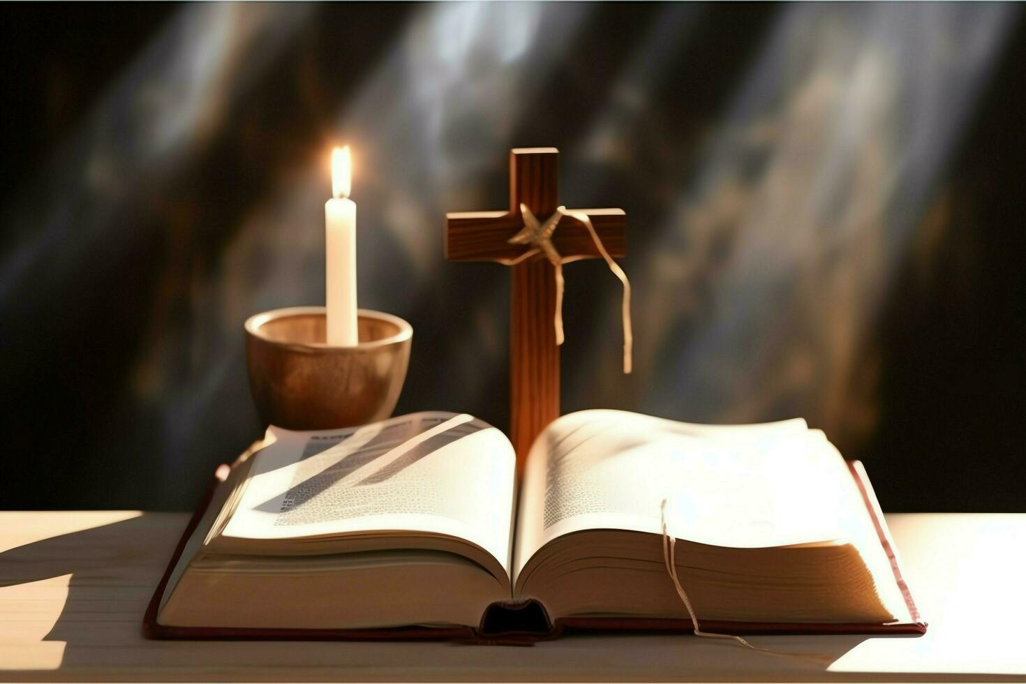 Close up of a holy bible and christian cross on wooden table. Happy good friday or religion concept by AI Generated photo