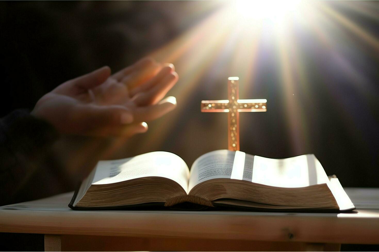 Close up of a holy bible and christian cross on wooden table. Happy good friday or religion concept by AI Generated photo