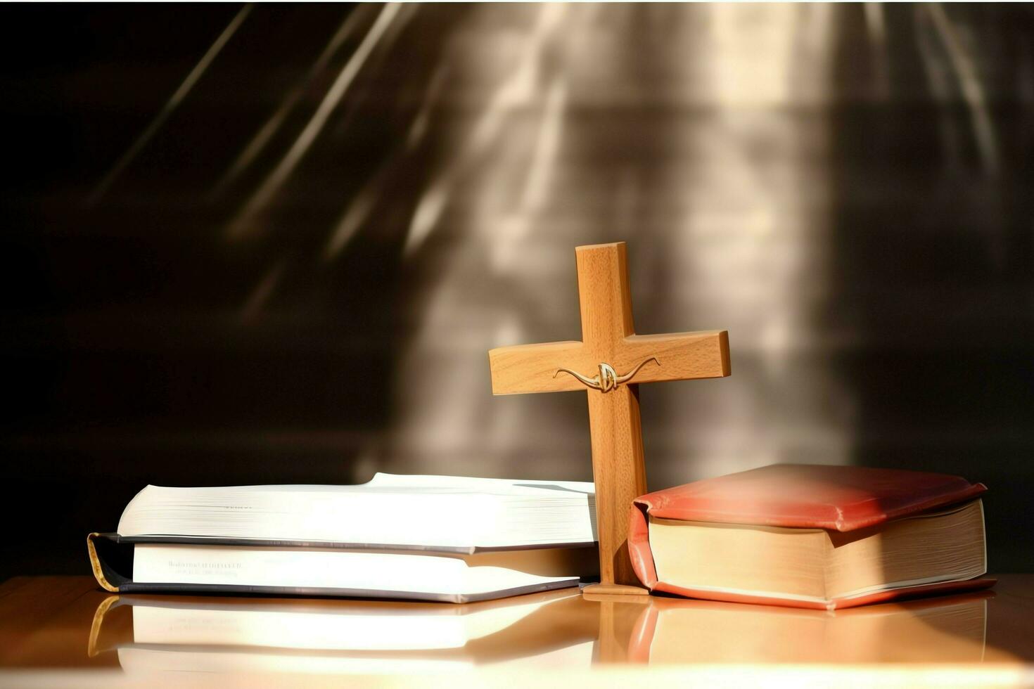 Close up of a holy bible and christian cross on wooden table. Happy good friday or religion concept by AI Generated photo