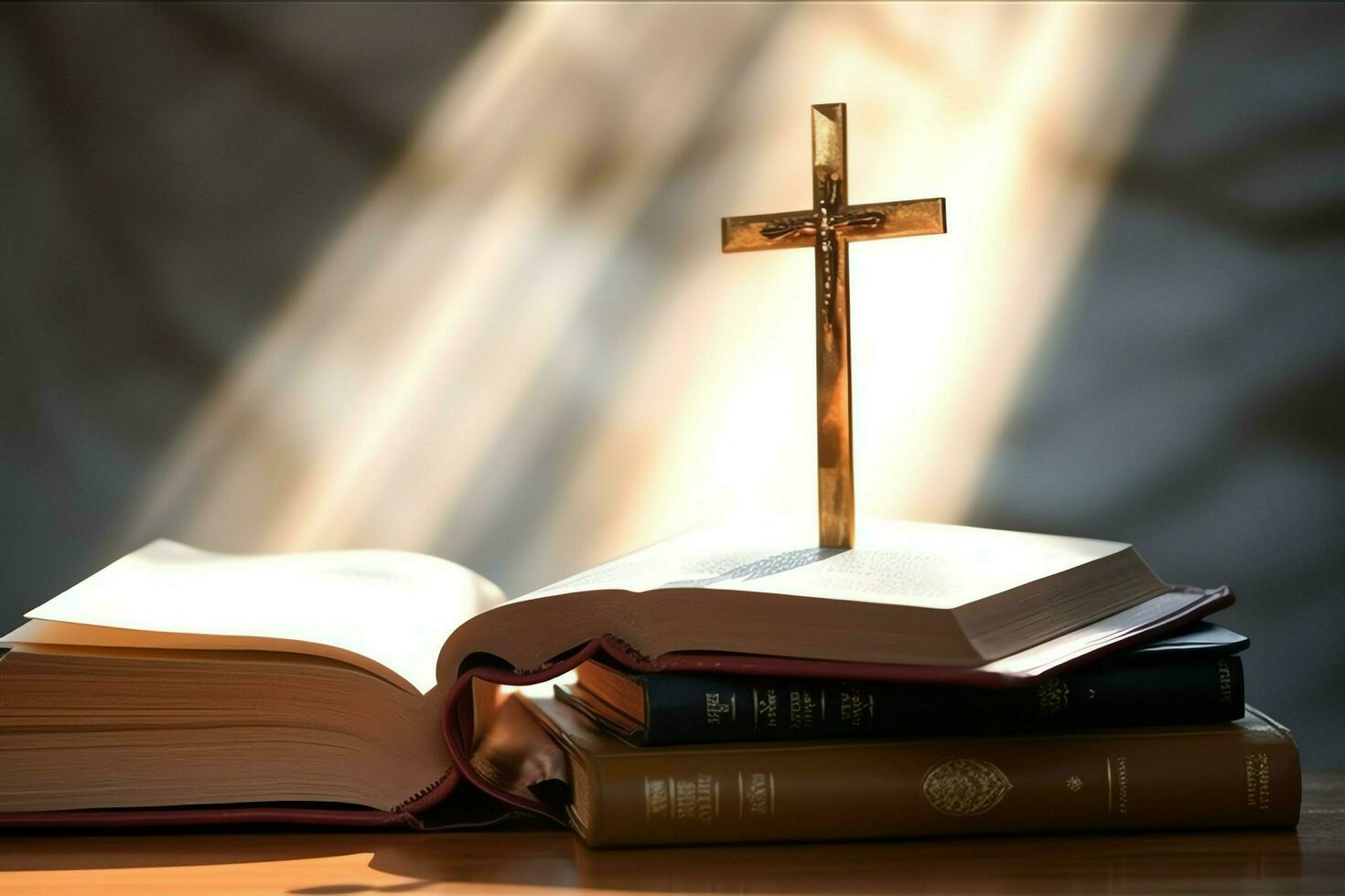 Close up of a holy bible and christian cross on wooden table. Happy good friday or religion concept by AI Generated photo