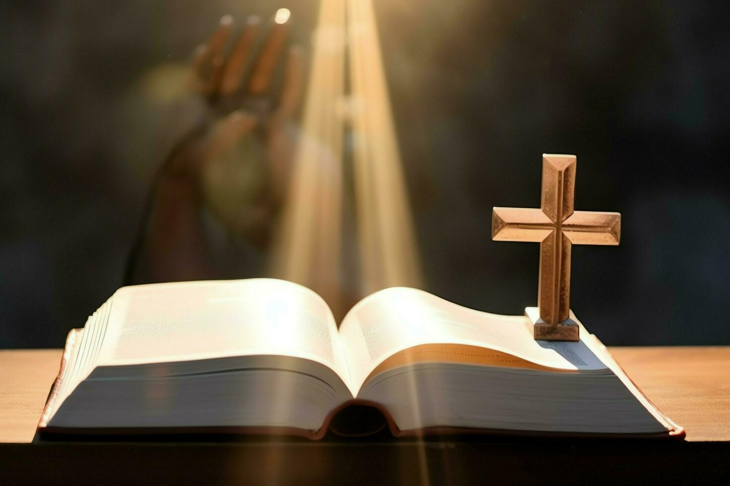 Close up of a holy bible and christian cross on wooden table. Happy good friday or religion concept by AI Generated photo