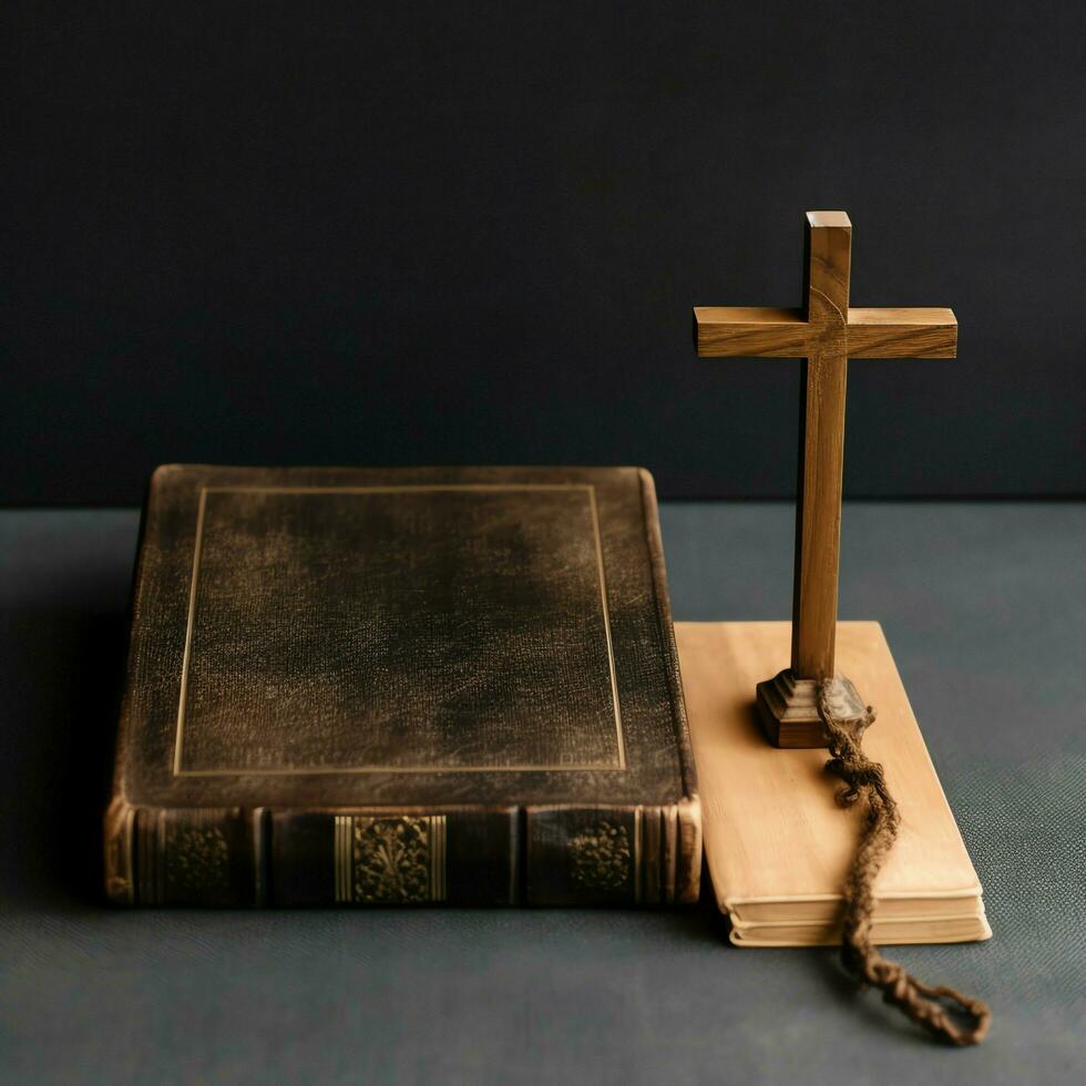 Close up of a holy bible and christian cross on wooden table. Happy good friday or religion concept by AI Generated photo