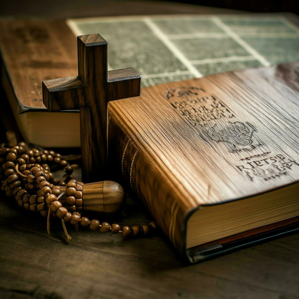 Close up of a holy bible and christian cross on wooden table. Happy good friday or religion concept by AI Generated photo