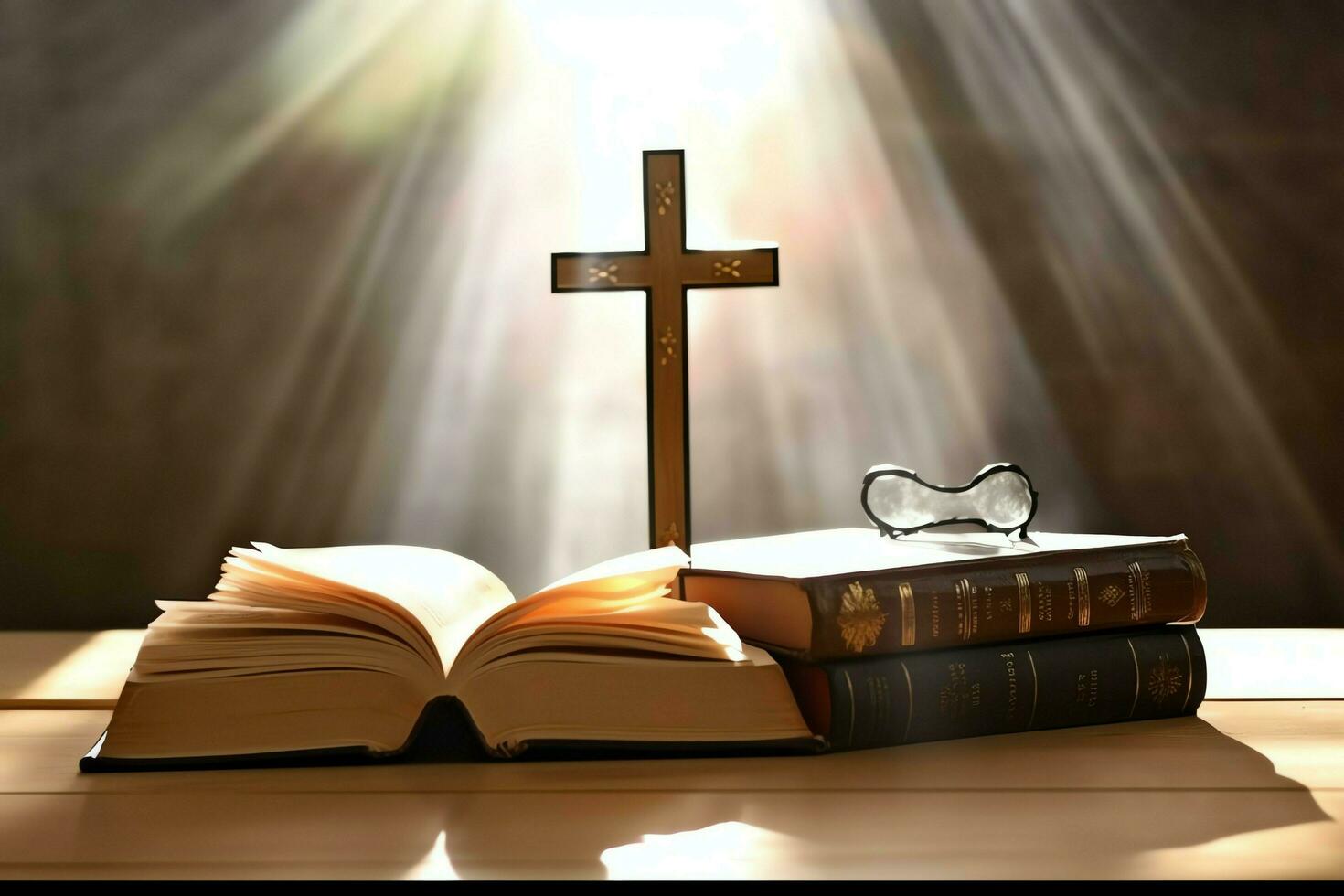 Close up of a holy bible and christian cross on wooden table. Happy good friday or religion concept by AI Generated photo