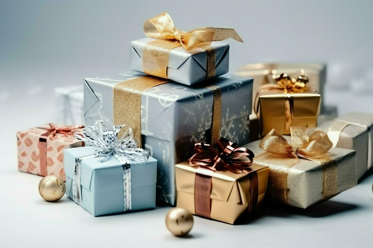 A christmas gift, xmas or present box objects on holiday mood background in winter. Merry christmas concept by AI Generated photo