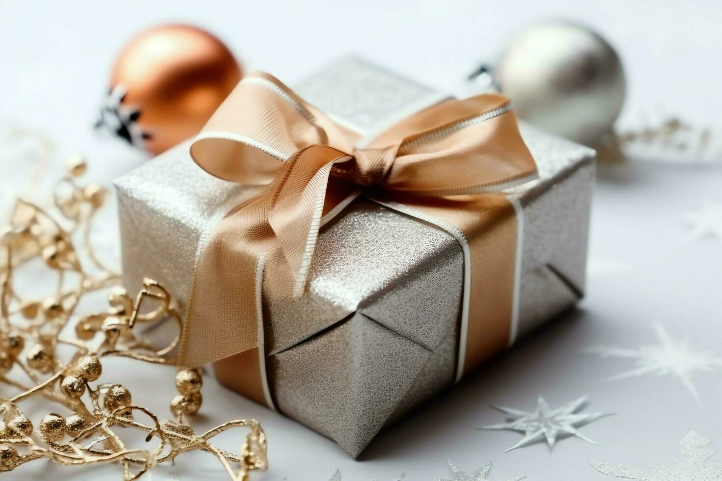 A christmas gift, xmas or present box objects on holiday mood background in winter. Merry christmas concept by AI Generated photo