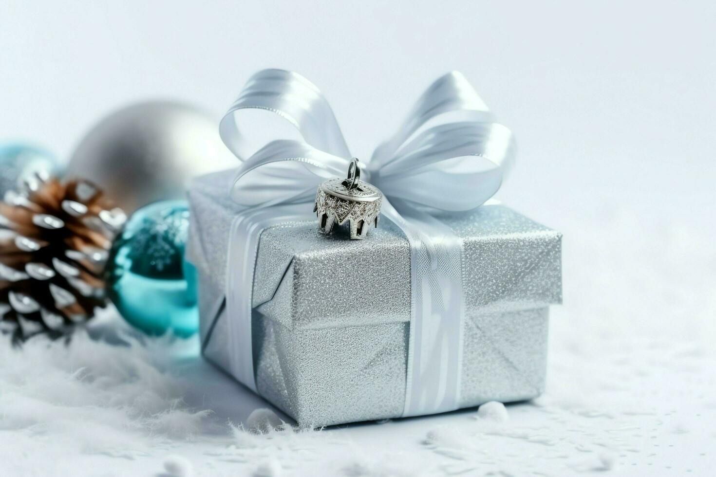 A christmas gift, xmas or present box objects on holiday mood background in winter. Merry christmas concept by AI Generated photo