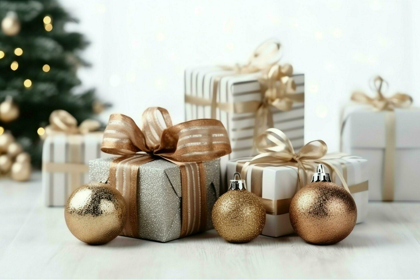 A christmas gift, xmas or present box objects on holiday mood background in winter. Merry christmas concept by AI Generated photo