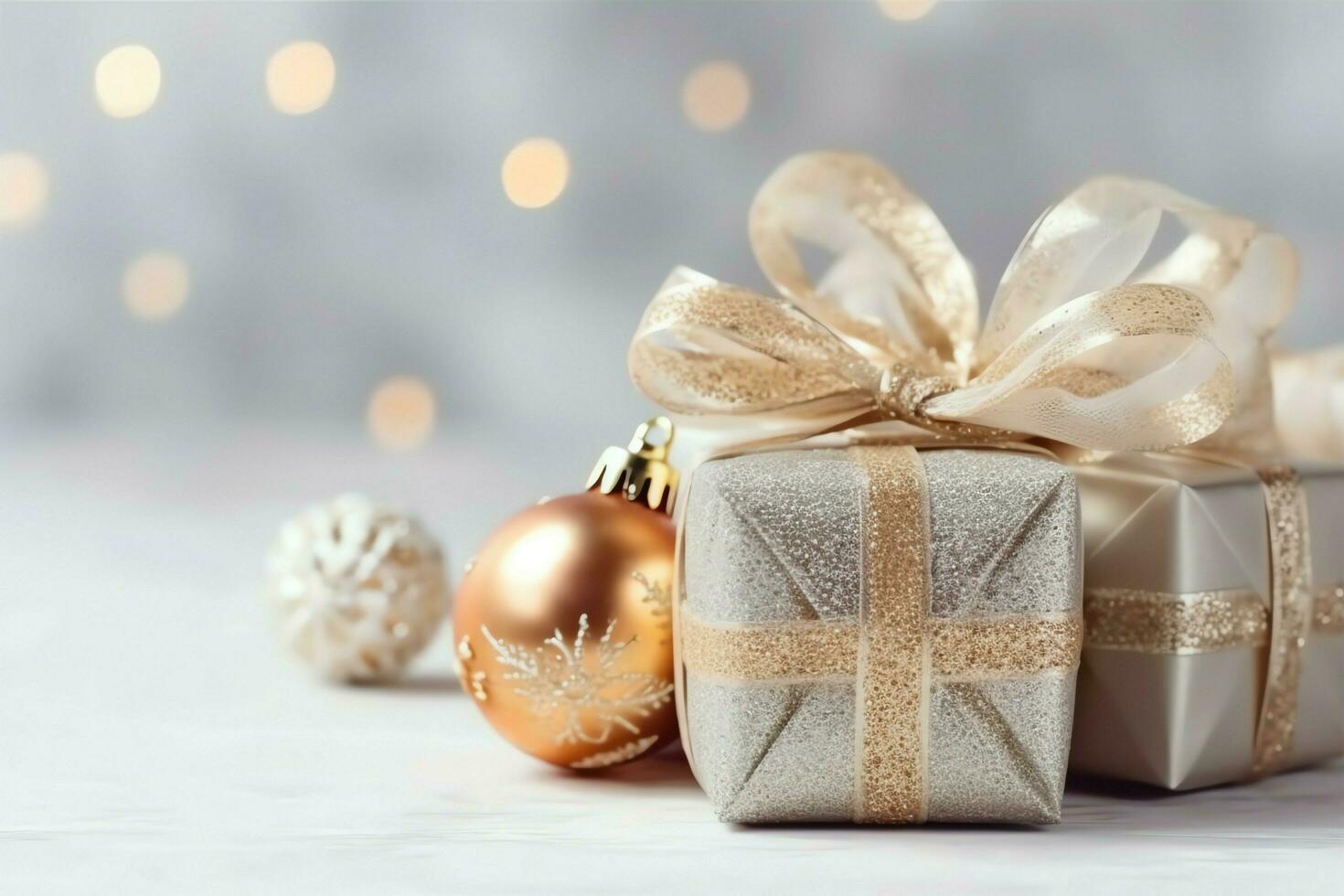 A christmas gift, xmas or present box objects on holiday mood background in winter. Merry christmas concept by AI Generated photo