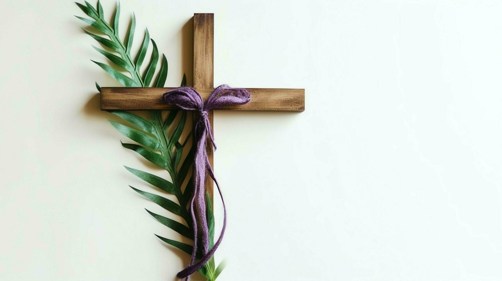 un cristiano de madera cruzar crucifijo firmar con verde palma hojas como religioso día festivo. palma domingo evento concepto por ai generado foto