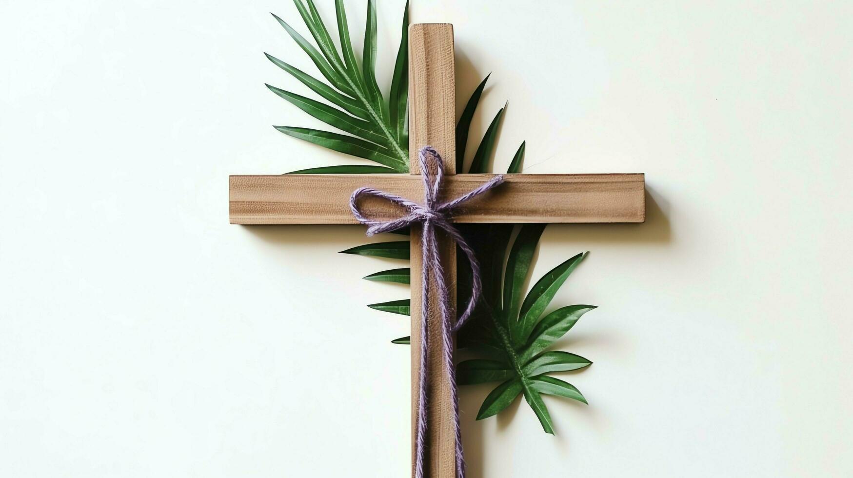 un cristiano de madera cruzar crucifijo firmar con verde palma hojas como religioso día festivo. palma domingo evento concepto por ai generado foto