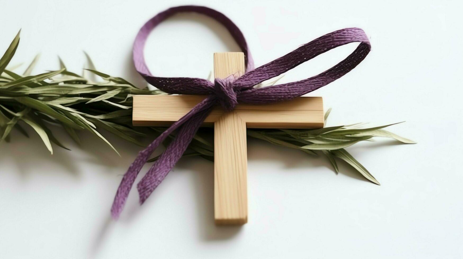 A christian wooden cross crucifix sign with green palm leaves as religious holiday. Palm sunday event concept by AI Generated photo