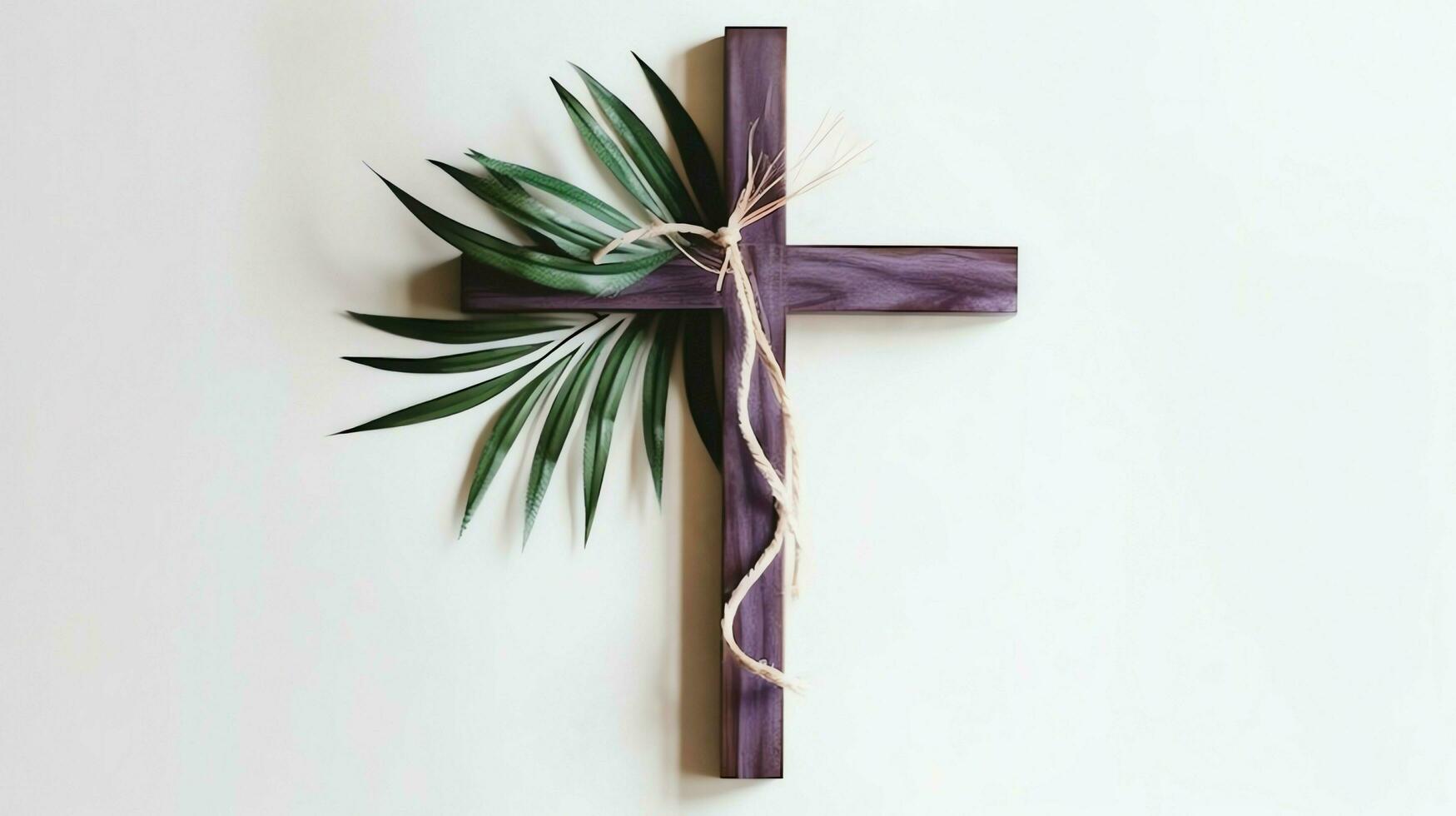 A christian wooden cross crucifix sign with green palm leaves as religious holiday. Palm sunday event concept by AI Generated photo