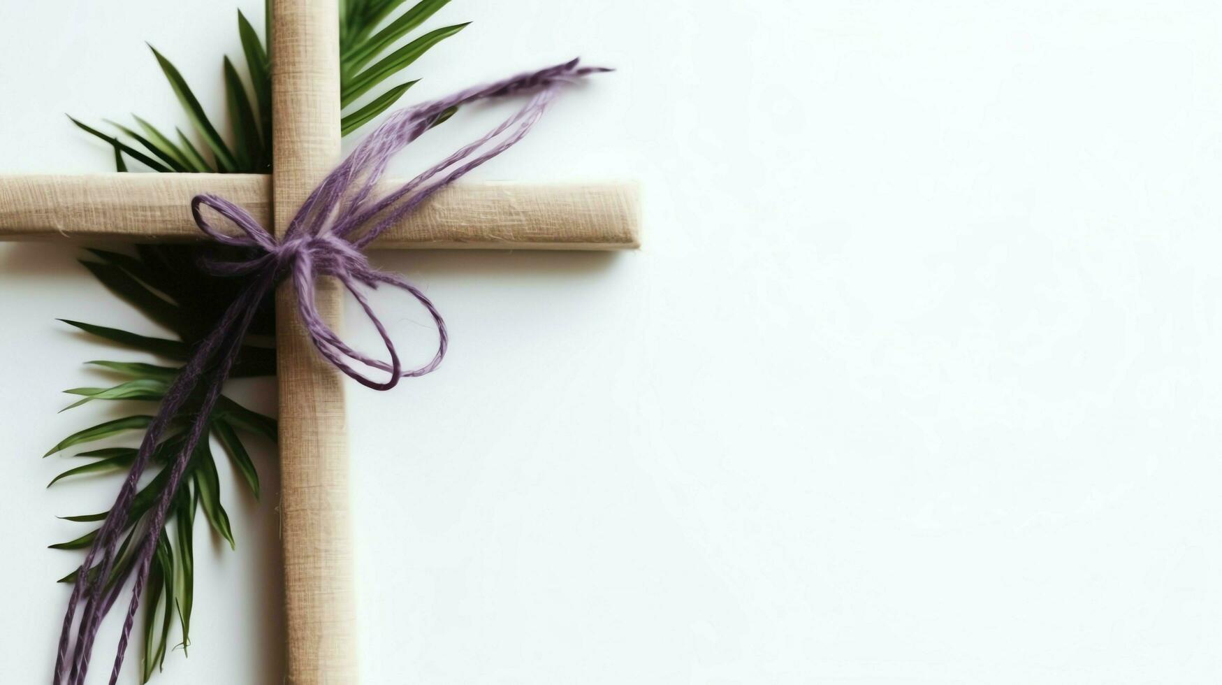 A christian wooden cross crucifix sign with green palm leaves as religious holiday. Palm sunday event concept by AI Generated photo