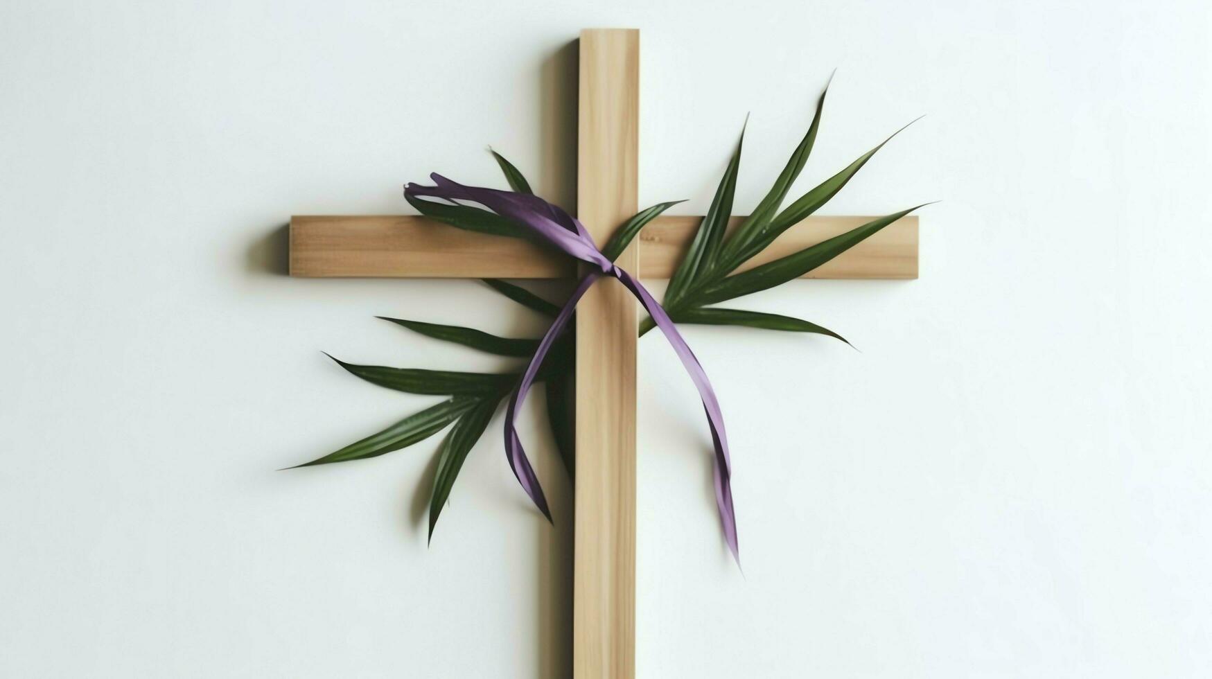 A christian wooden cross crucifix sign with green palm leaves as religious holiday. Palm sunday event concept by AI Generated photo