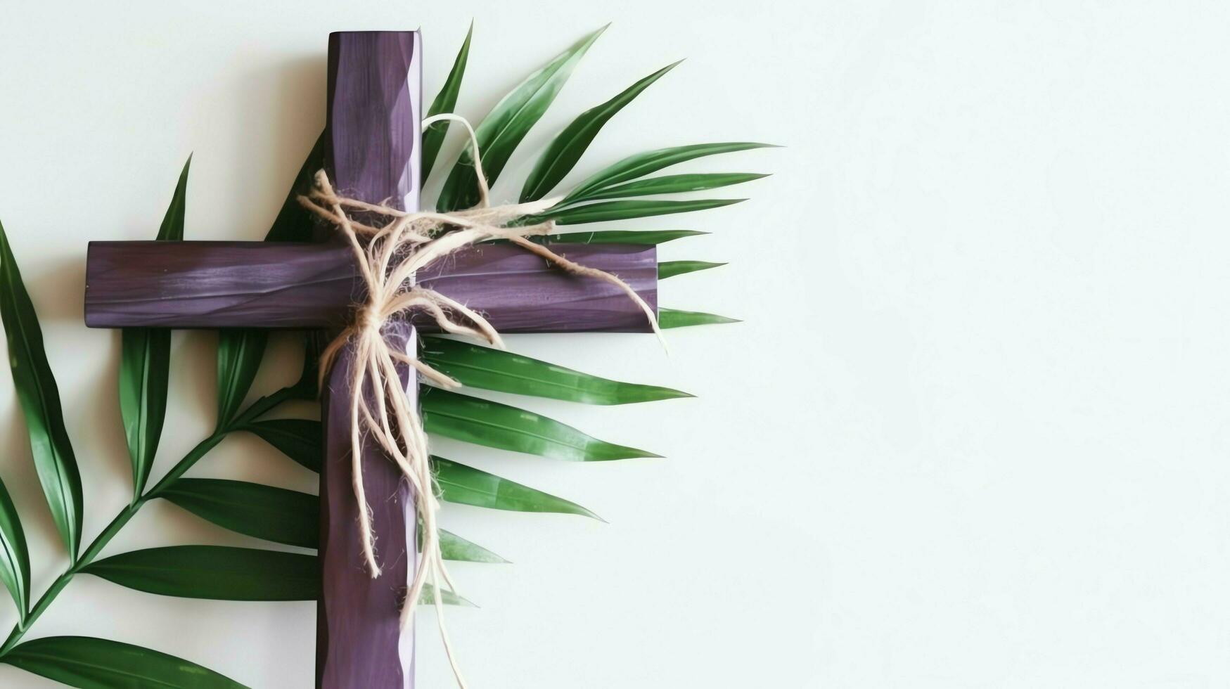 un cristiano de madera cruzar crucifijo firmar con verde palma hojas como religioso día festivo. palma domingo evento concepto por ai generado foto