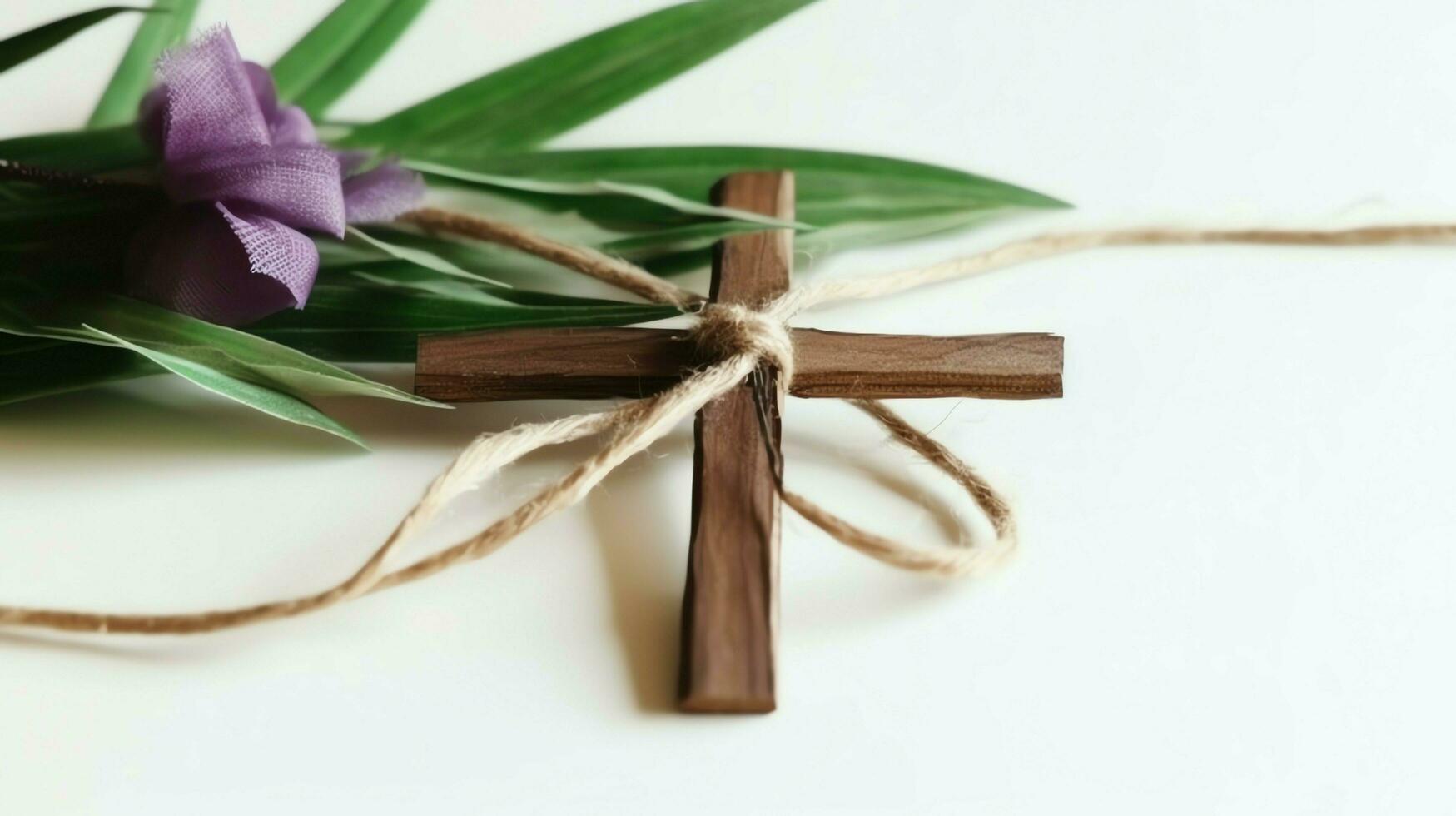 un cristiano de madera cruzar crucifijo firmar con verde palma hojas como religioso día festivo. palma domingo evento concepto por ai generado foto