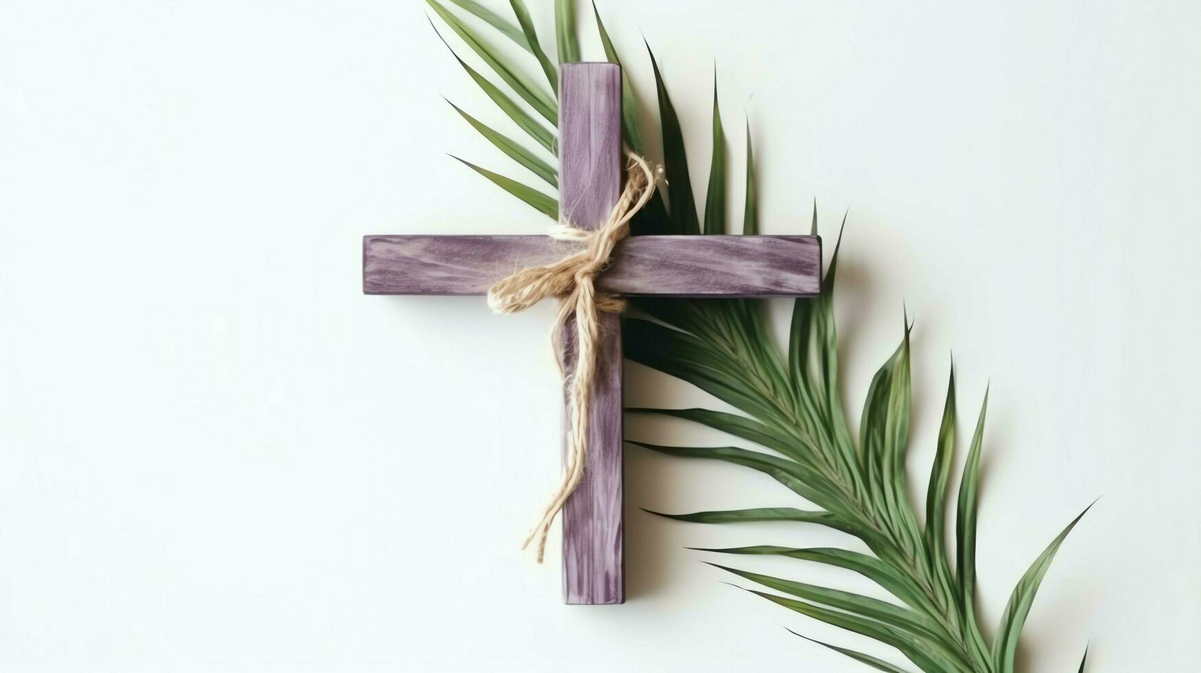 un cristiano de madera cruzar crucifijo firmar con verde palma hojas como religioso día festivo. palma domingo evento concepto por ai generado foto