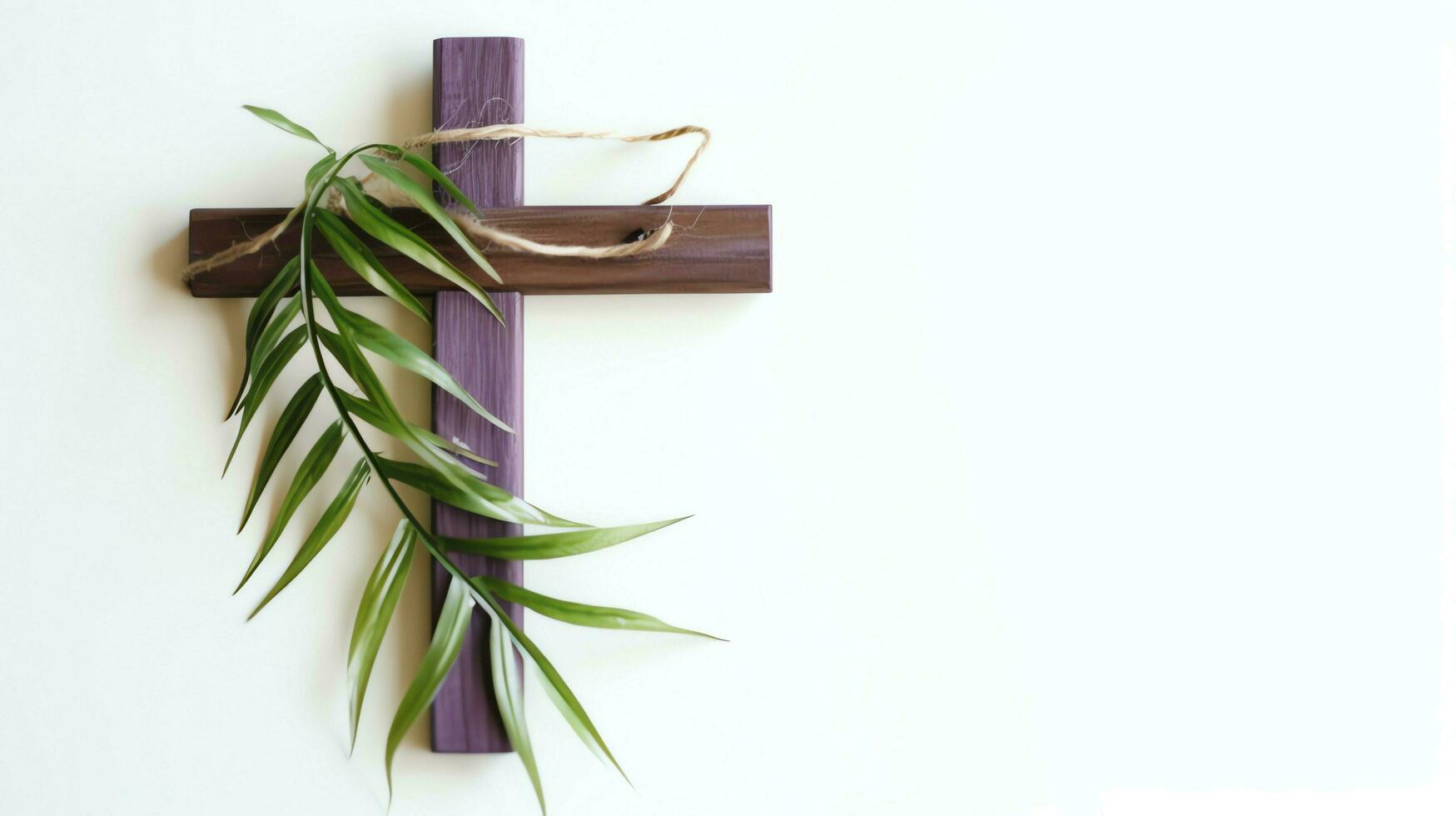 A christian wooden cross crucifix sign with green palm leaves as religious holiday. Palm sunday event concept by AI Generated photo