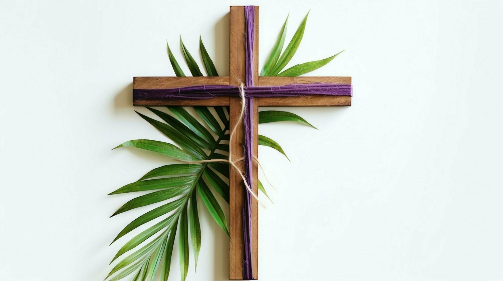 A christian wooden cross crucifix sign with green palm leaves as religious holiday. Palm sunday event concept by AI Generated photo