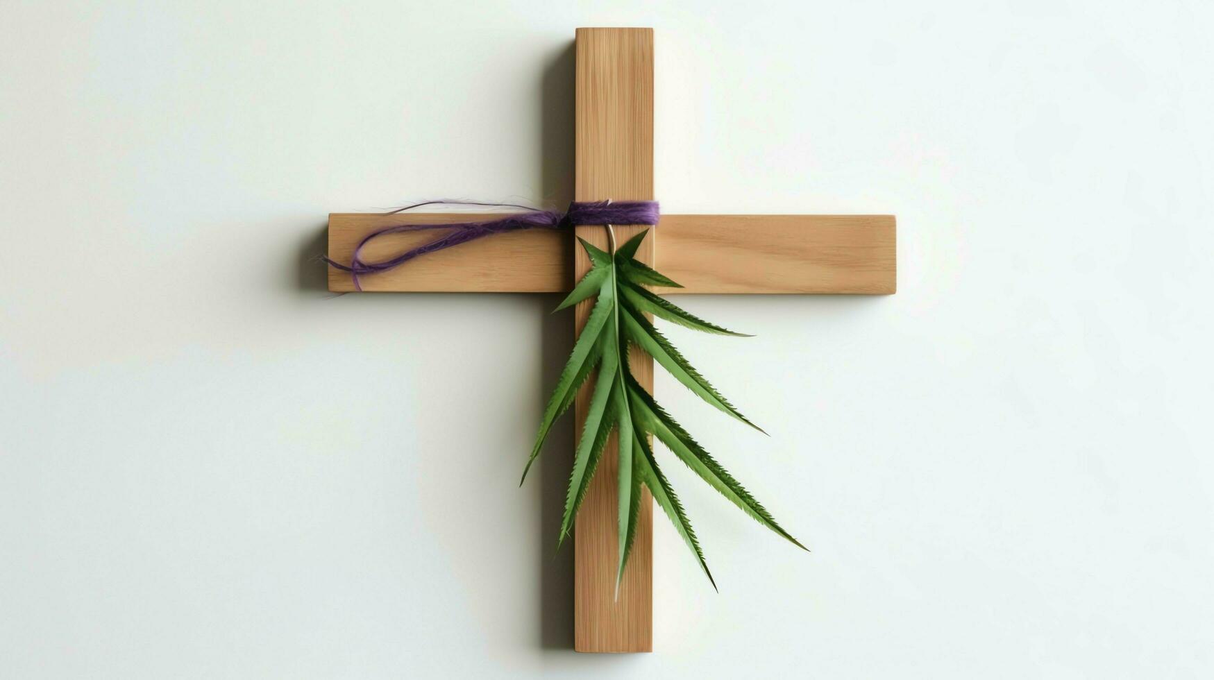 A christian wooden cross crucifix sign with green palm leaves as religious holiday. Palm sunday event concept by AI Generated photo