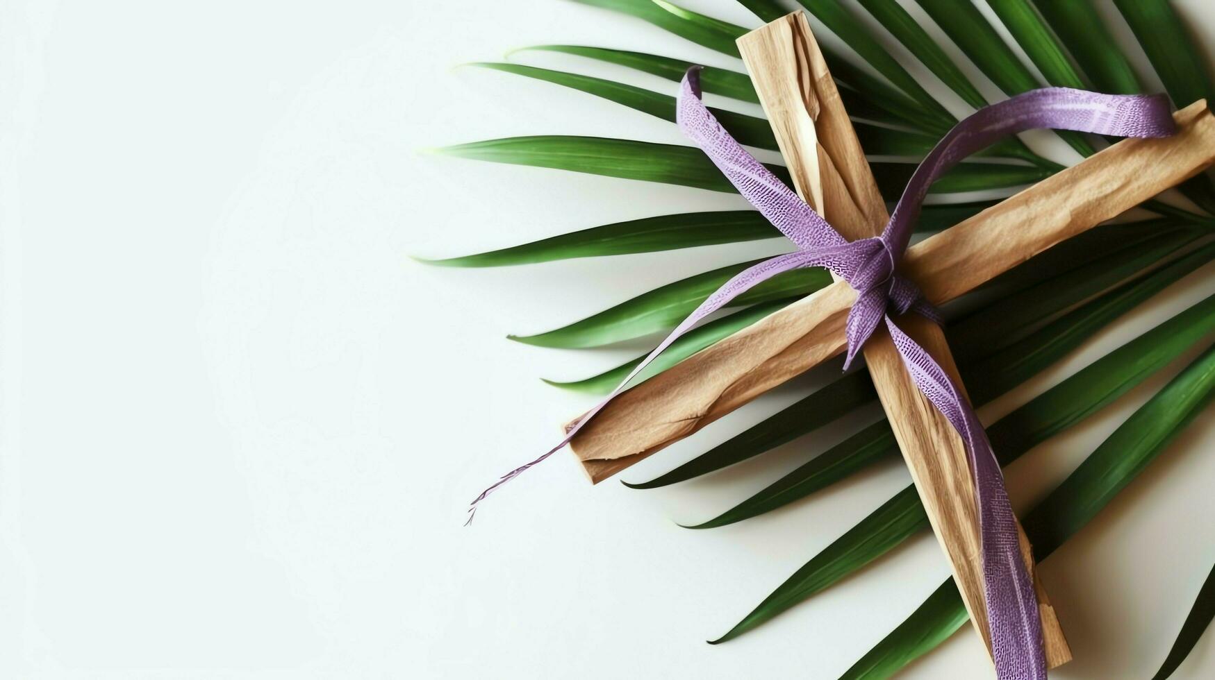 A christian wooden cross crucifix sign with green palm leaves as religious holiday. Palm sunday event concept by AI Generated photo