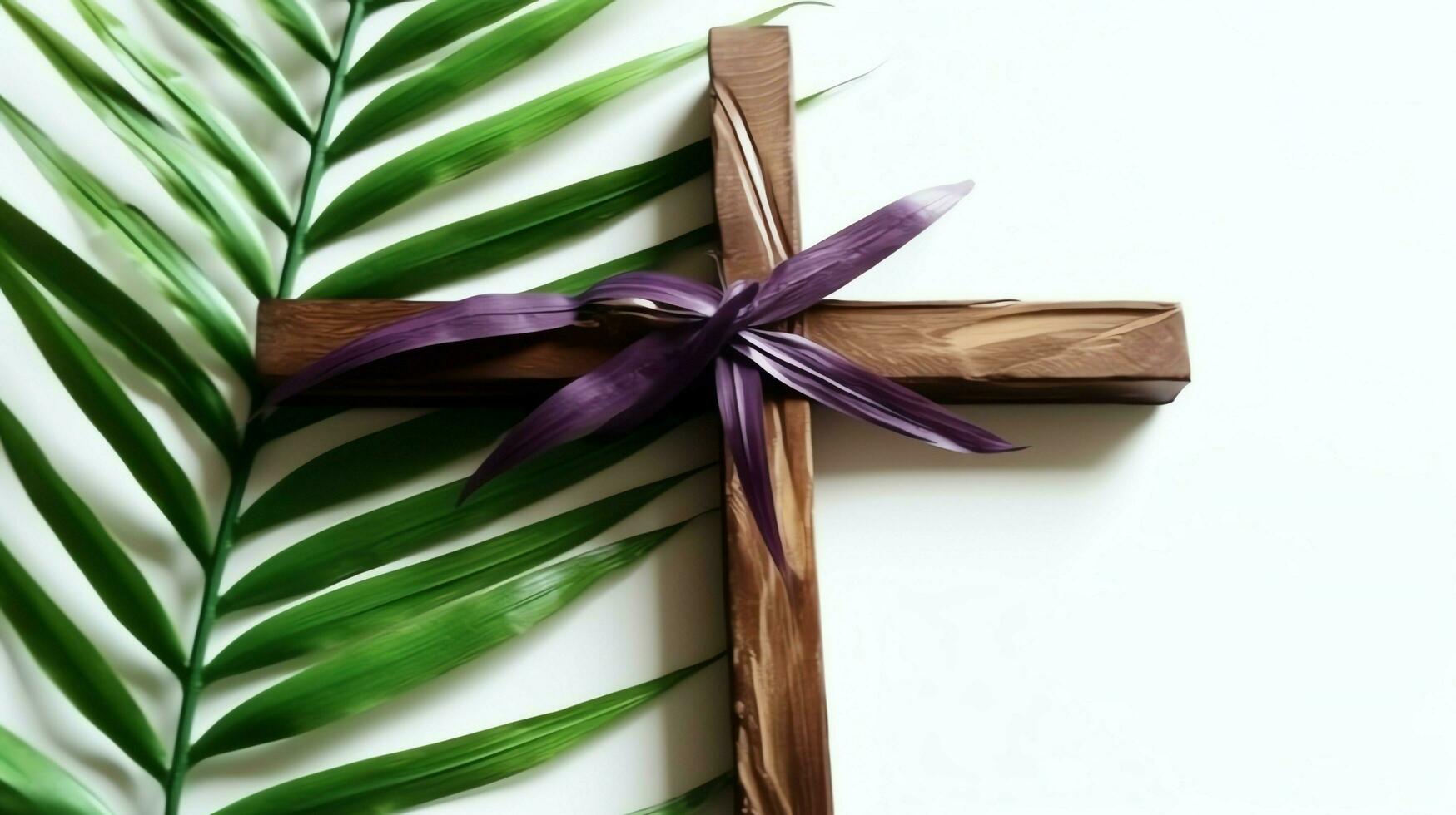 un cristiano de madera cruzar crucifijo firmar con verde palma hojas como religioso día festivo. palma domingo evento concepto por ai generado foto