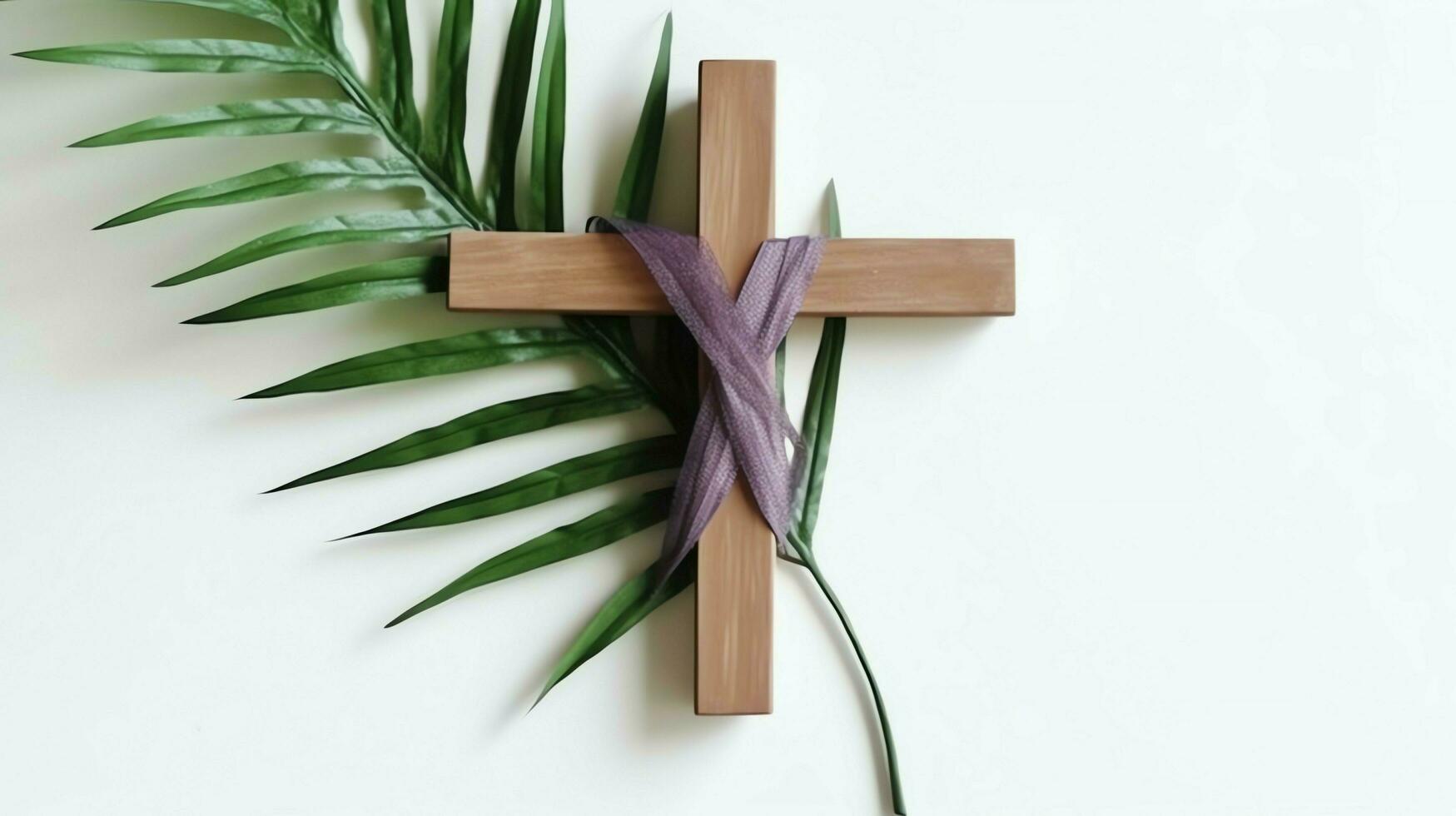 A christian wooden cross crucifix sign with green palm leaves as religious holiday. Palm sunday event concept by AI Generated photo