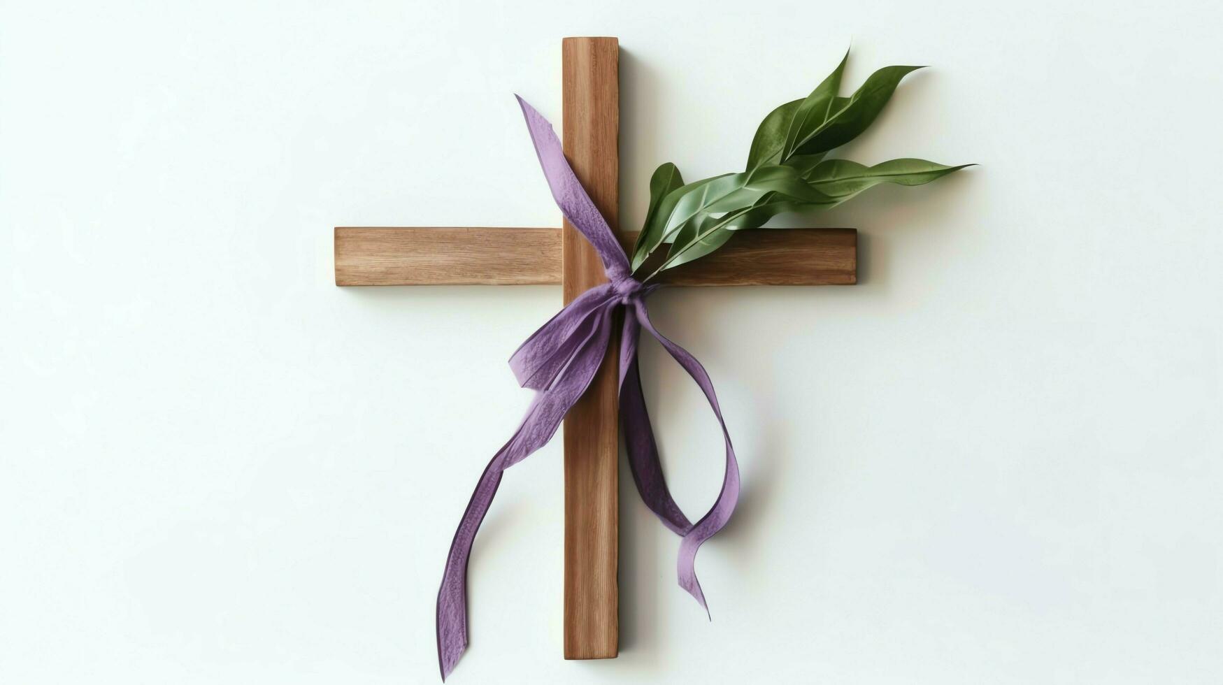 A christian wooden cross crucifix sign with green palm leaves as religious holiday. Palm sunday event concept by AI Generated photo