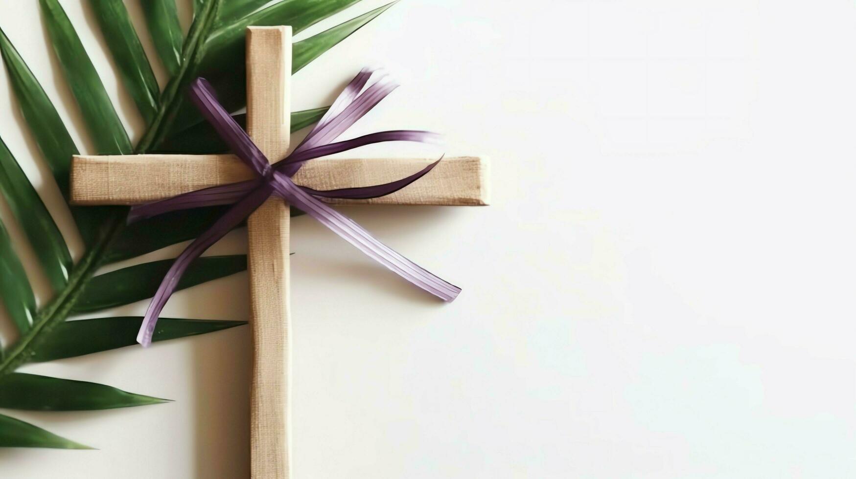 A christian wooden cross crucifix sign with green palm leaves as religious holiday. Palm sunday event concept by AI Generated photo