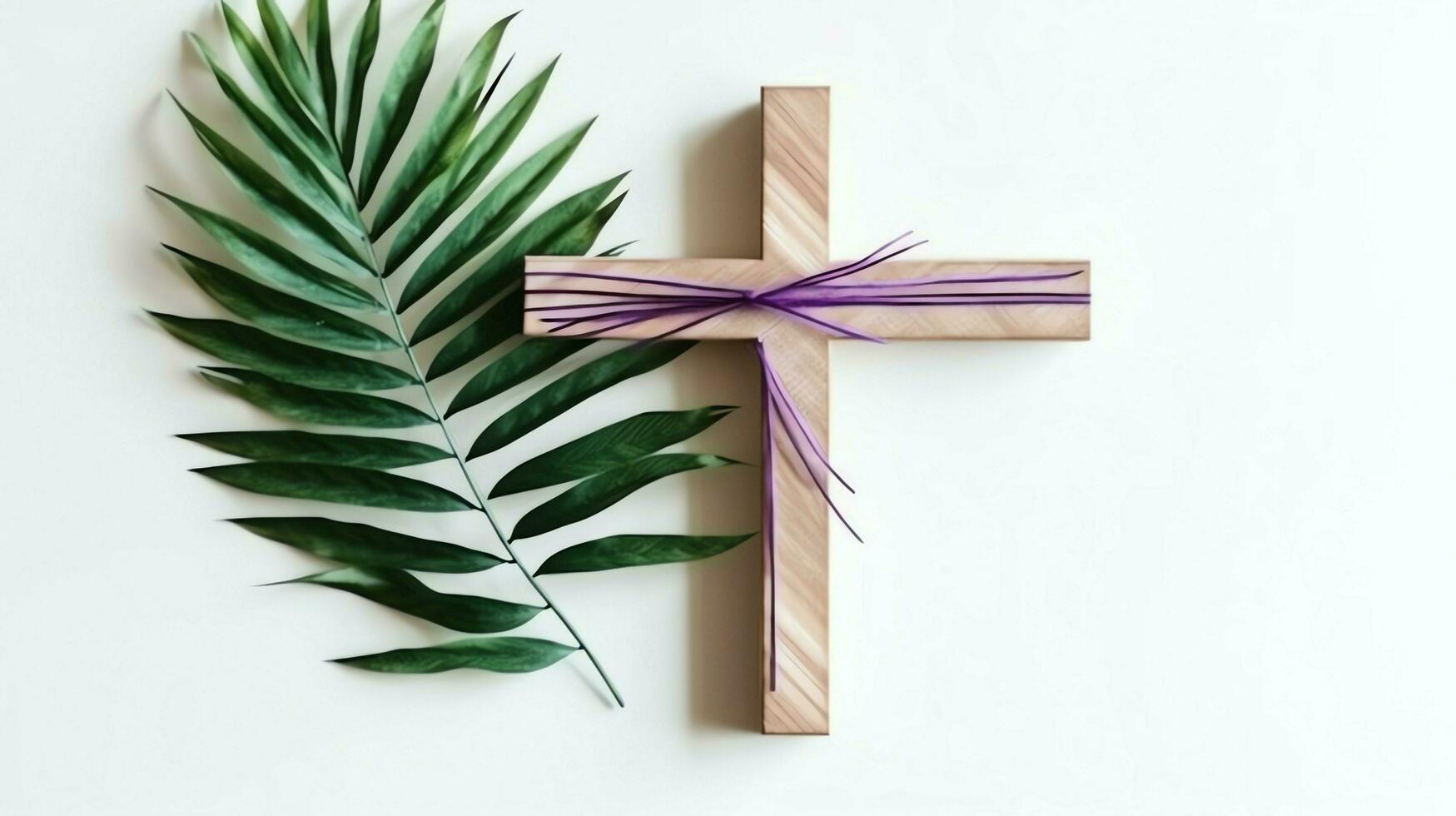 A christian wooden cross crucifix sign with green palm leaves as religious holiday. Palm sunday event concept by AI Generated photo