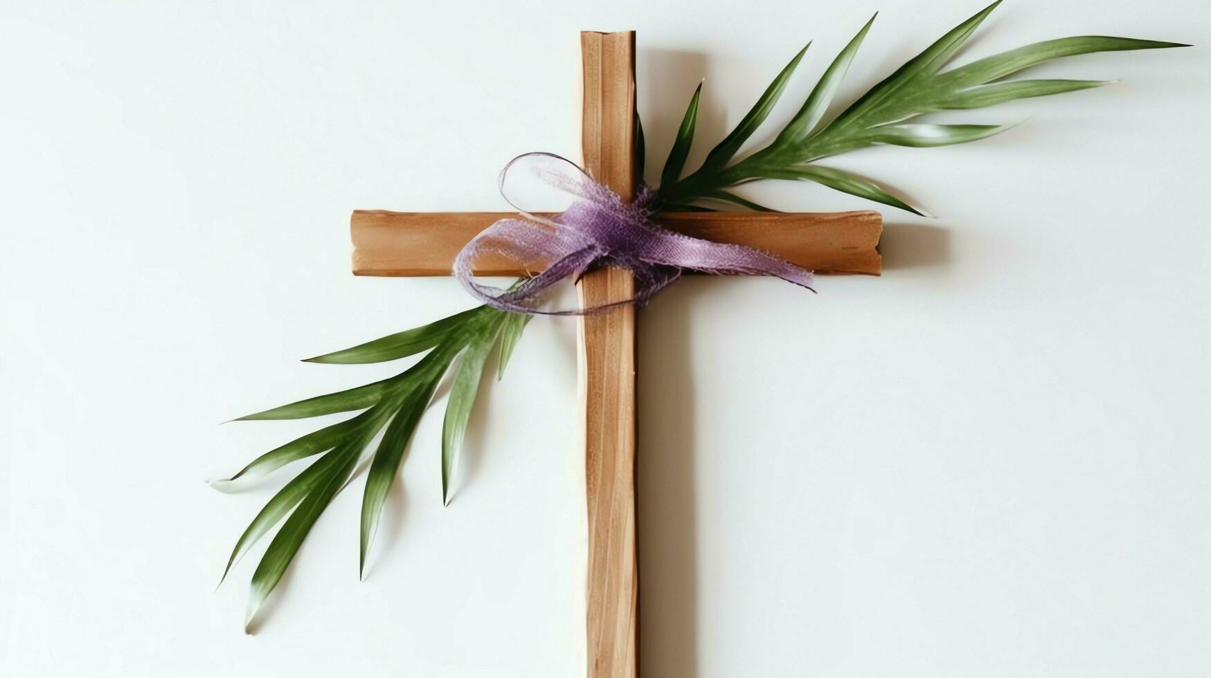 A christian wooden cross crucifix sign with green palm leaves as religious holiday. Palm sunday event concept by AI Generated photo