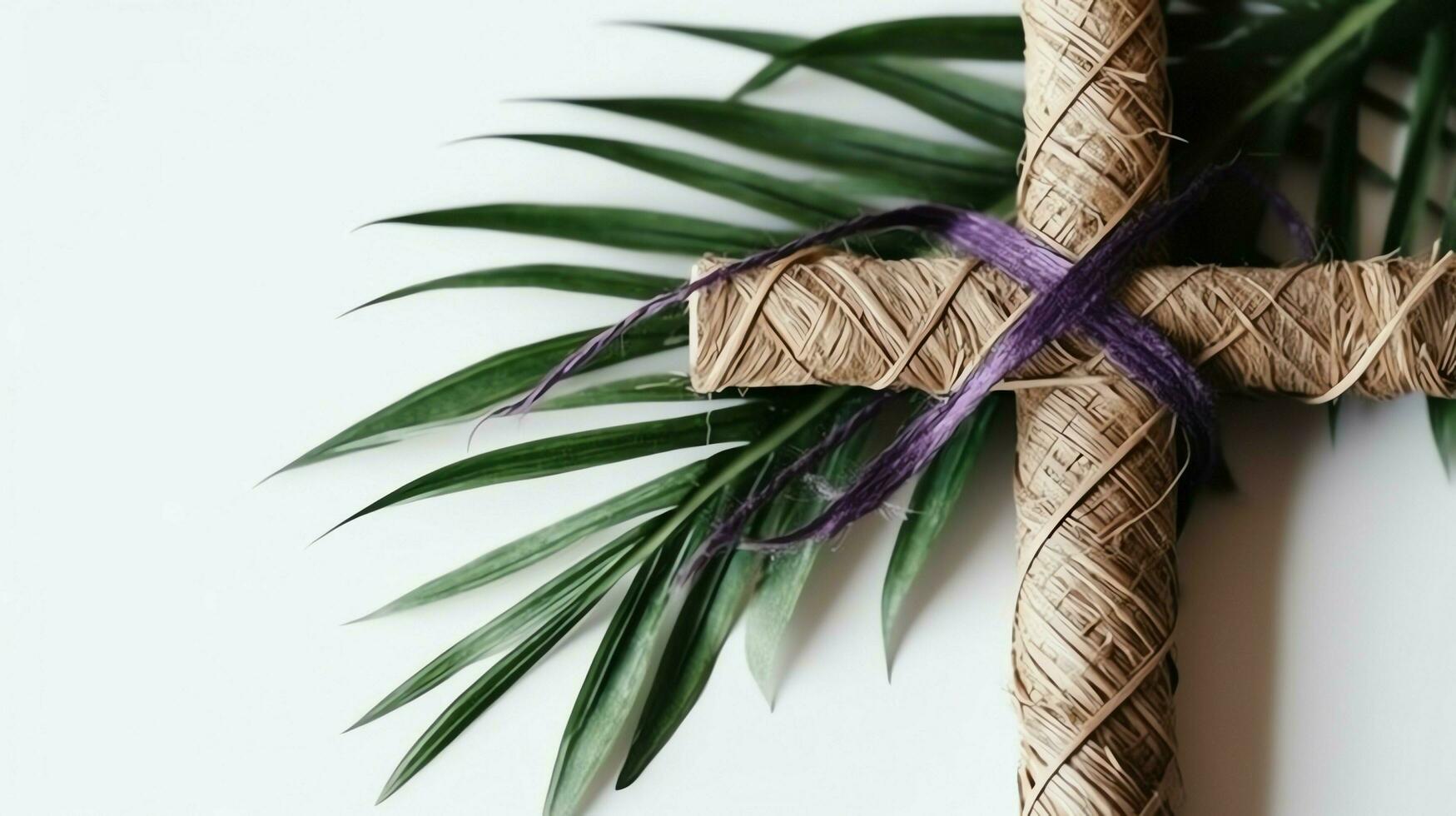 A christian wooden cross crucifix sign with green palm leaves as religious holiday. Palm sunday event concept by AI Generated photo