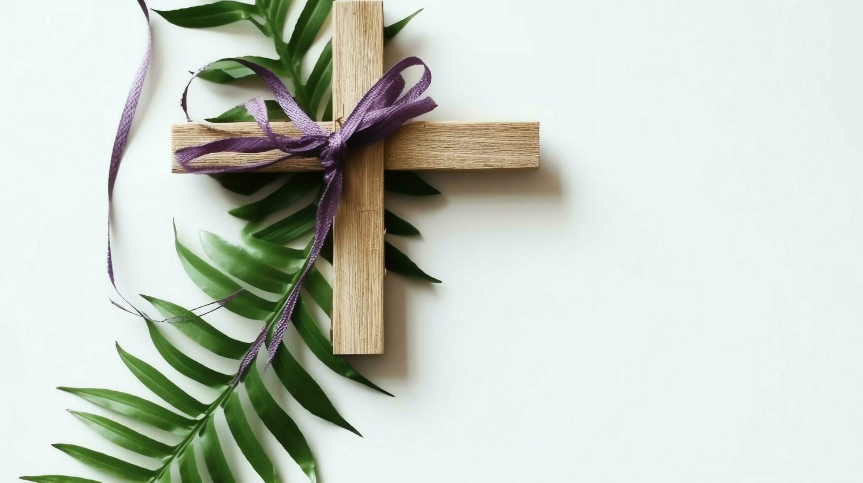 A christian wooden cross crucifix sign with green palm leaves as religious holiday. Palm sunday event concept by AI Generated photo