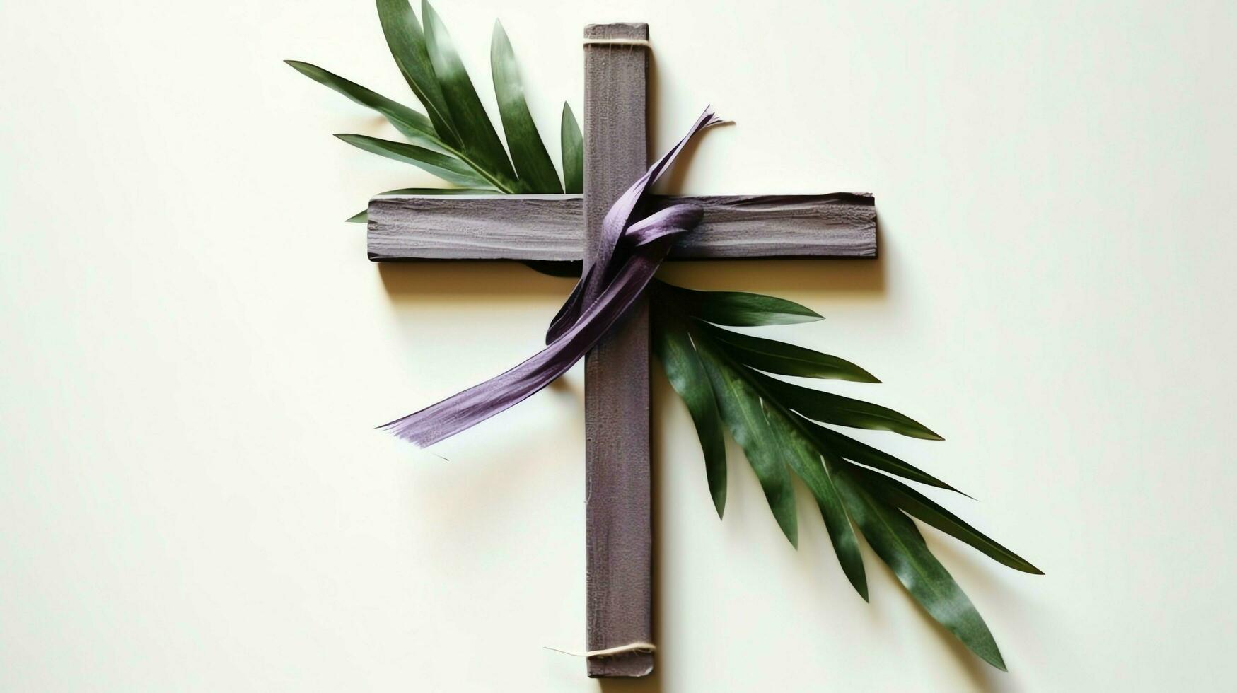 A christian wooden cross crucifix sign with green palm leaves as religious holiday. Palm sunday event concept by AI Generated photo