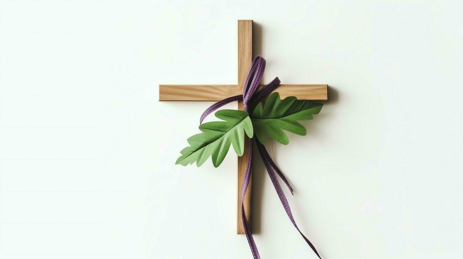 A christian wooden cross crucifix sign with green palm leaves as religious holiday. Palm sunday event concept by AI Generated photo