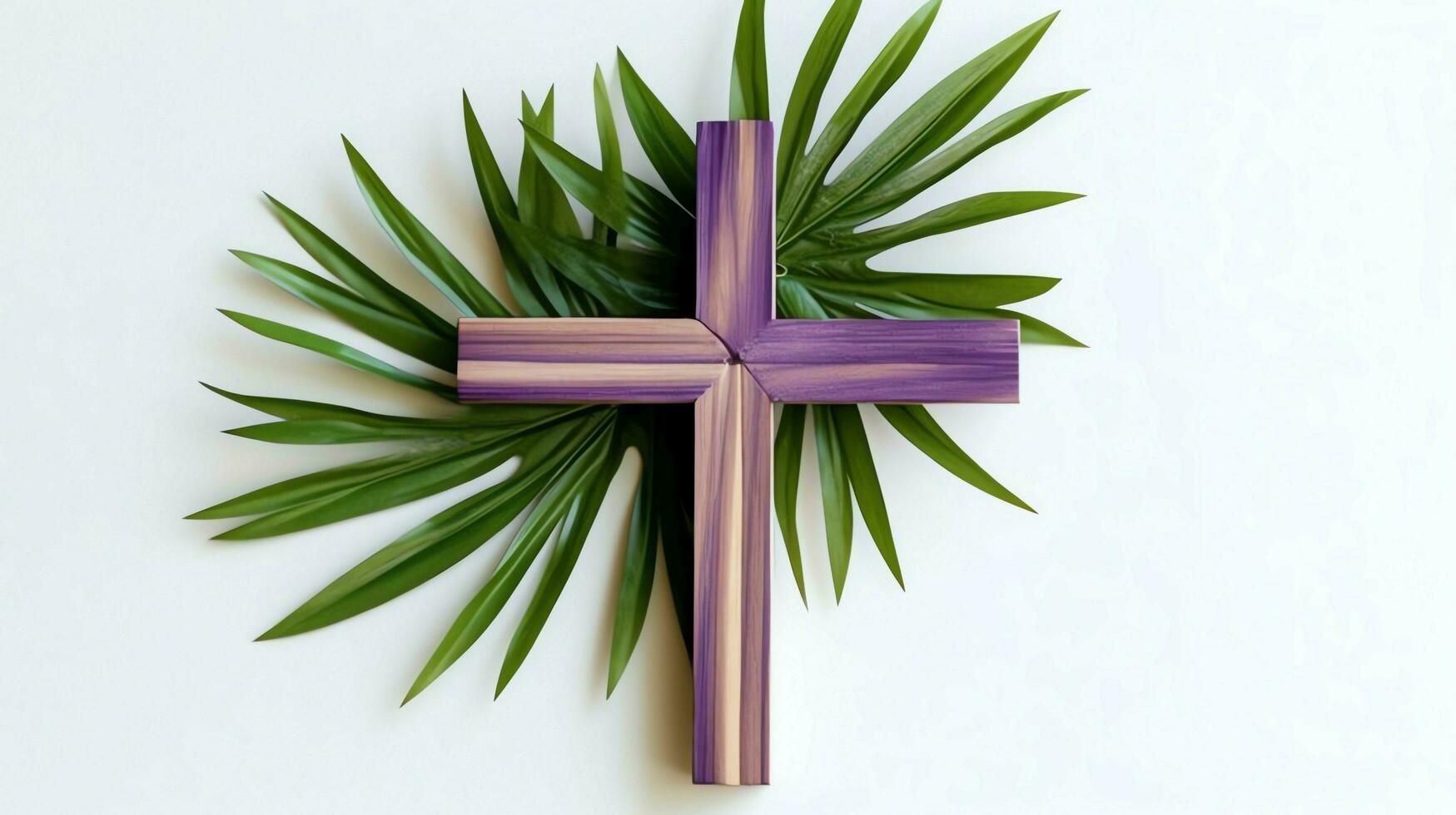 A christian wooden cross crucifix sign with green palm leaves as religious holiday. Palm sunday event concept by AI Generated photo