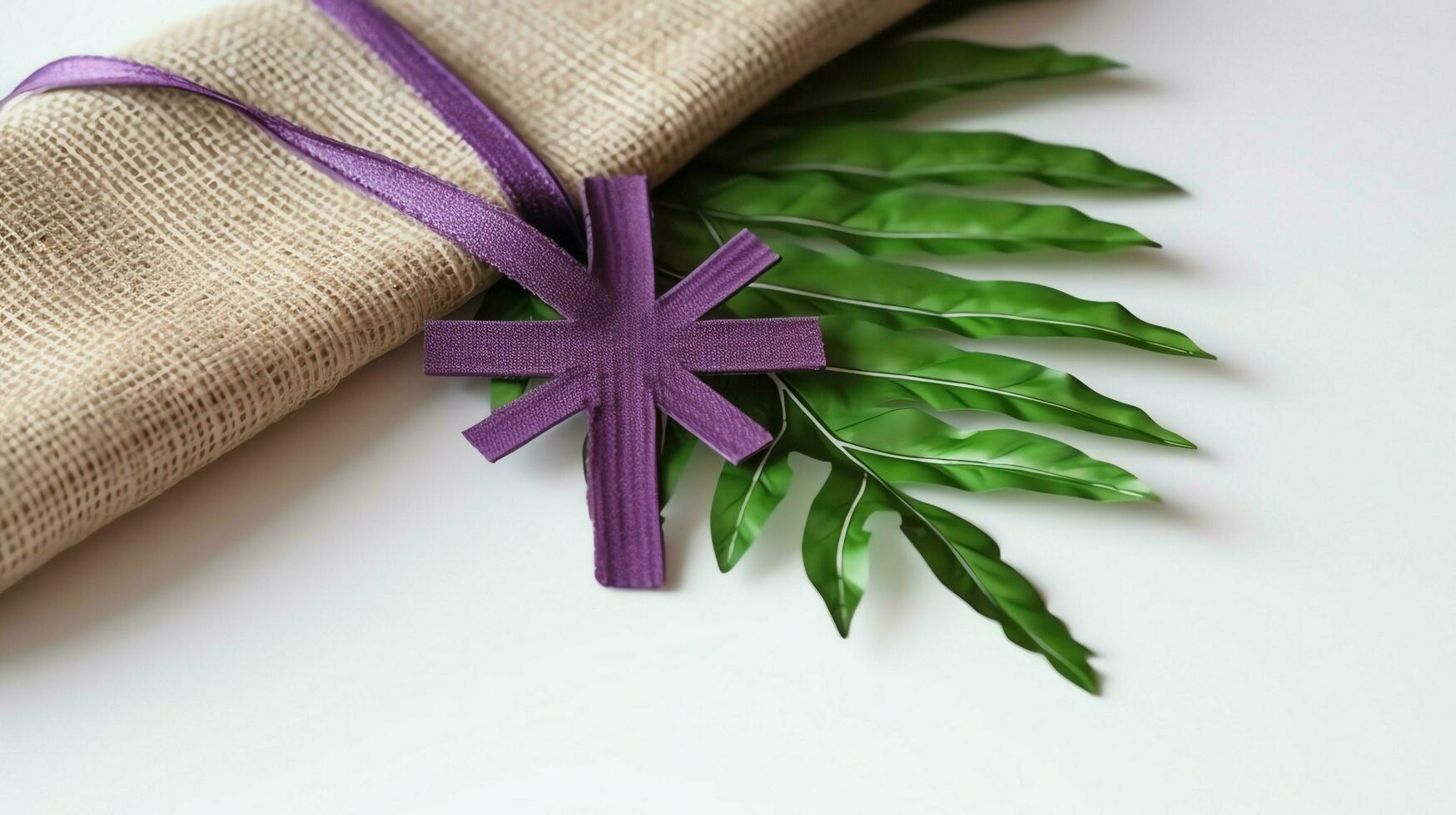 un cristiano de madera cruzar crucifijo firmar con verde palma hojas como religioso día festivo. palma domingo evento concepto por ai generado foto