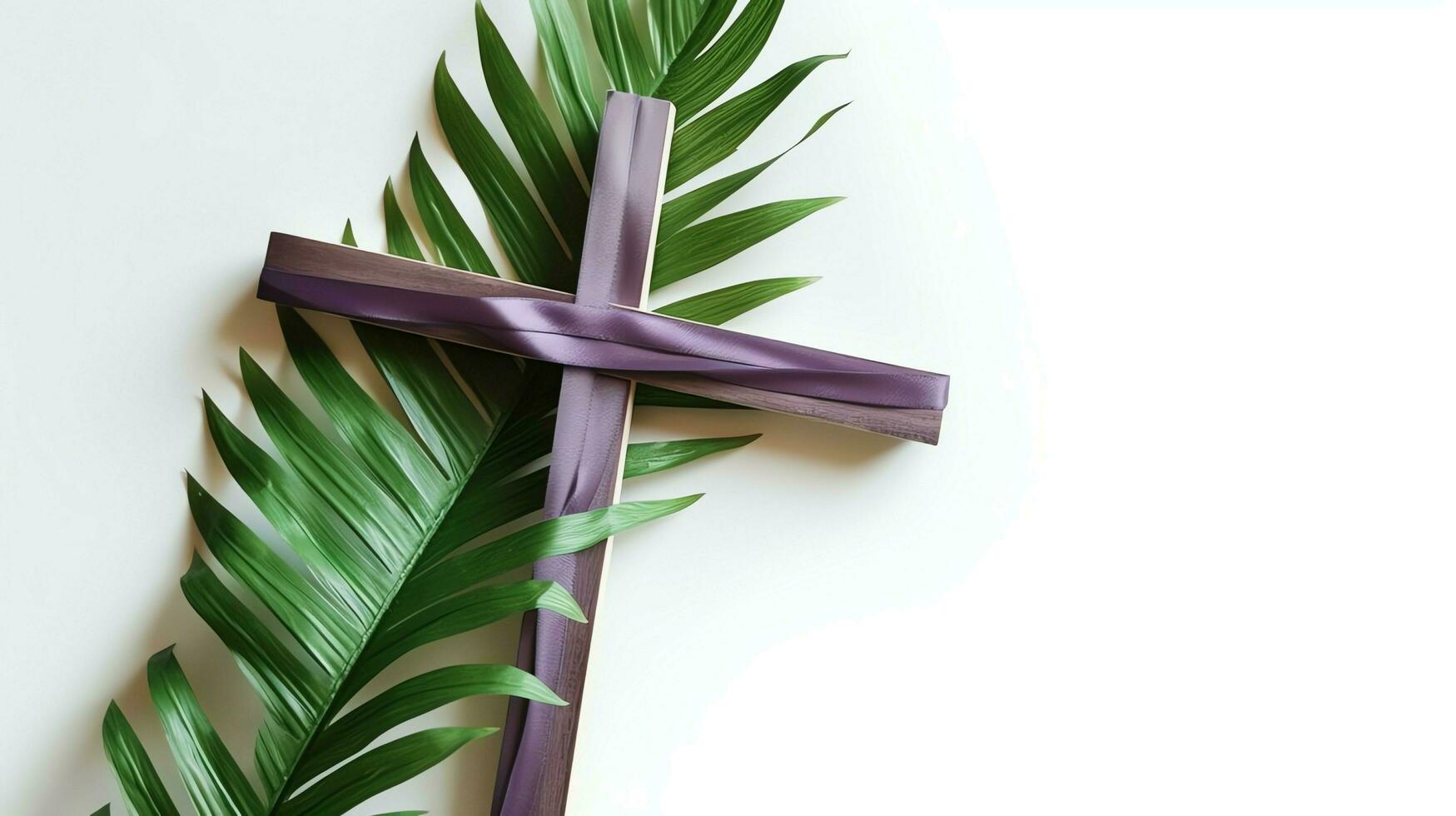 A christian wooden cross crucifix sign with green palm leaves as religious holiday. Palm sunday event concept by AI Generated photo