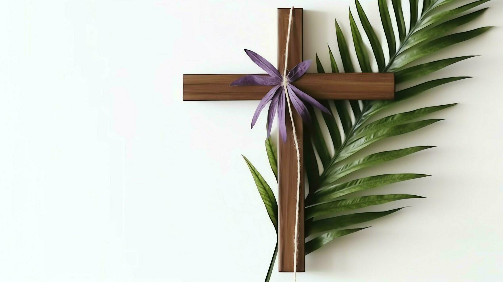 un cristiano de madera cruzar crucifijo firmar con verde palma hojas como religioso día festivo. palma domingo evento concepto por ai generado foto