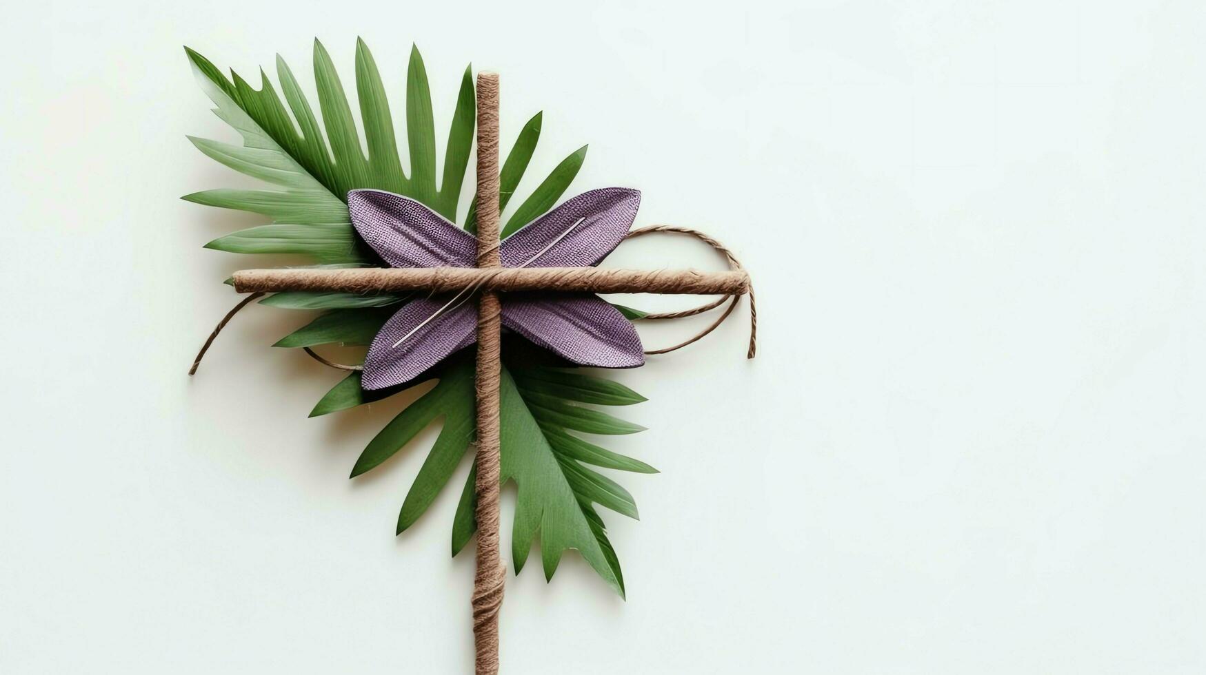 un cristiano de madera cruzar crucifijo firmar con verde palma hojas como religioso día festivo. palma domingo evento concepto por ai generado foto