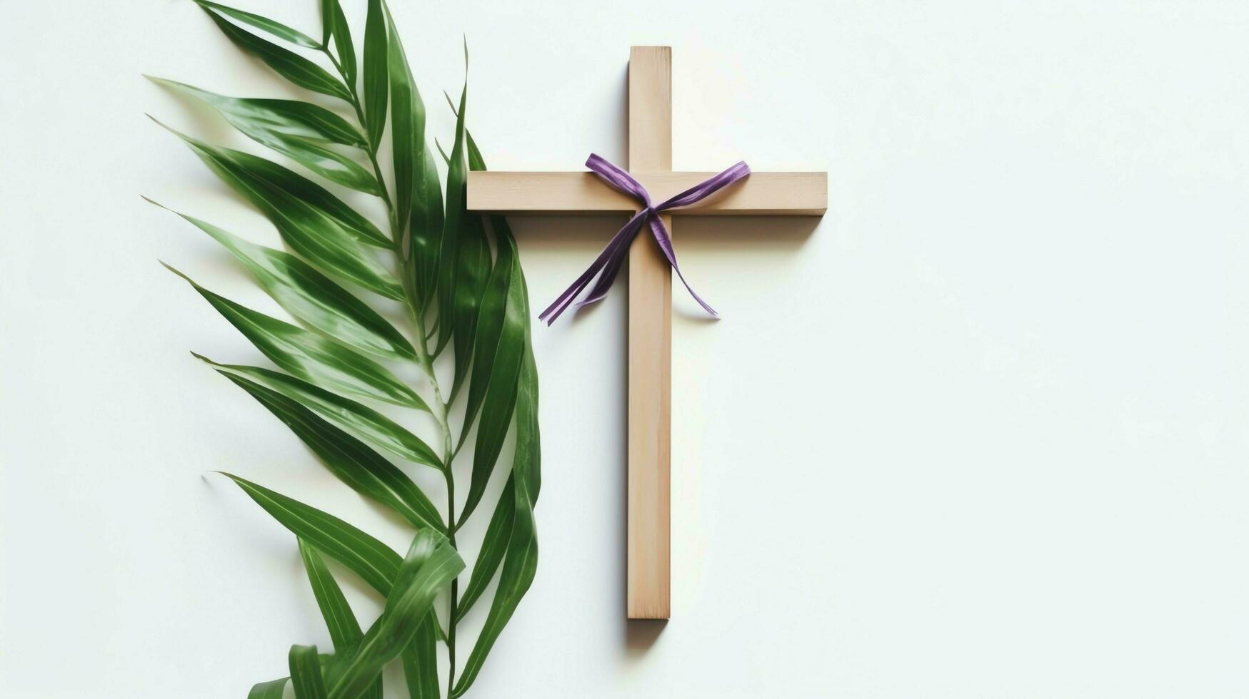 A christian wooden cross crucifix sign with green palm leaves as religious holiday. Palm sunday event concept by AI Generated photo