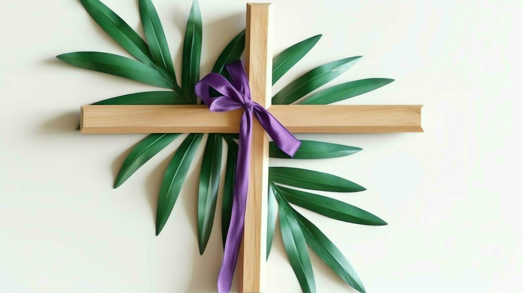 un cristiano de madera cruzar crucifijo firmar con verde palma hojas como religioso día festivo. palma domingo evento concepto por ai generado foto