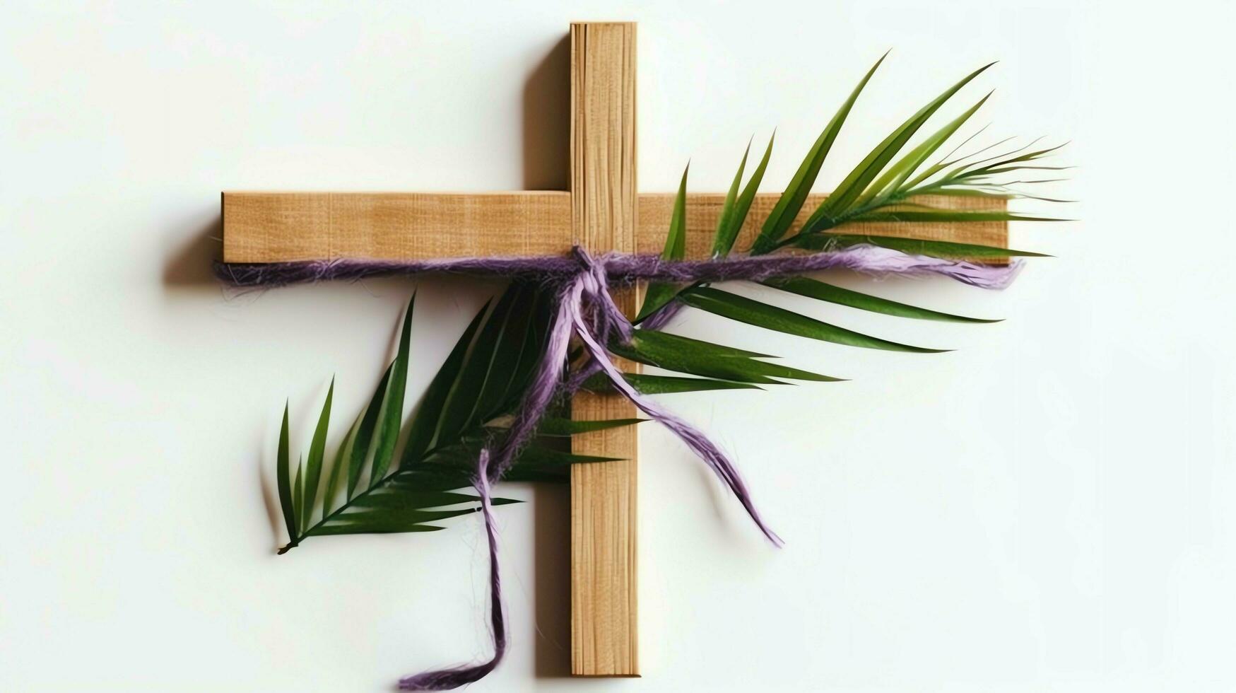 un cristiano de madera cruzar crucifijo firmar con verde palma hojas como religioso día festivo. palma domingo evento concepto por ai generado foto